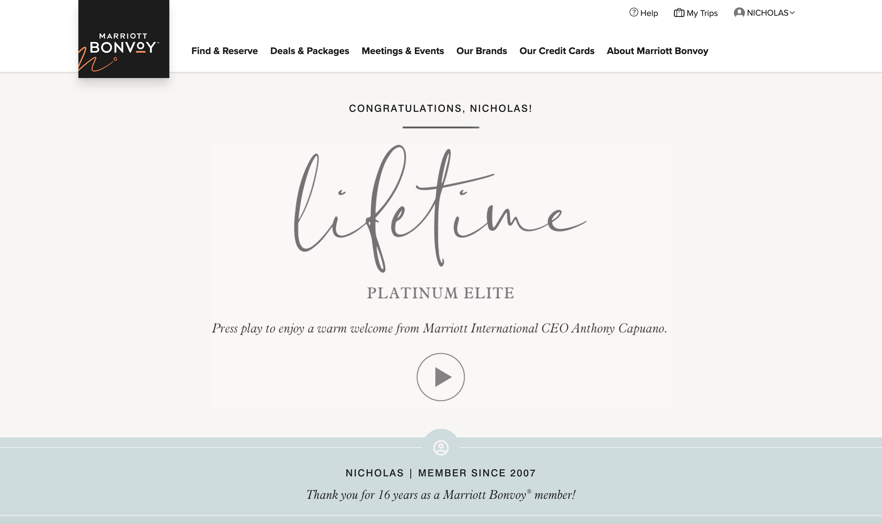 The landing page for new Marriott Lifetime Platinum members