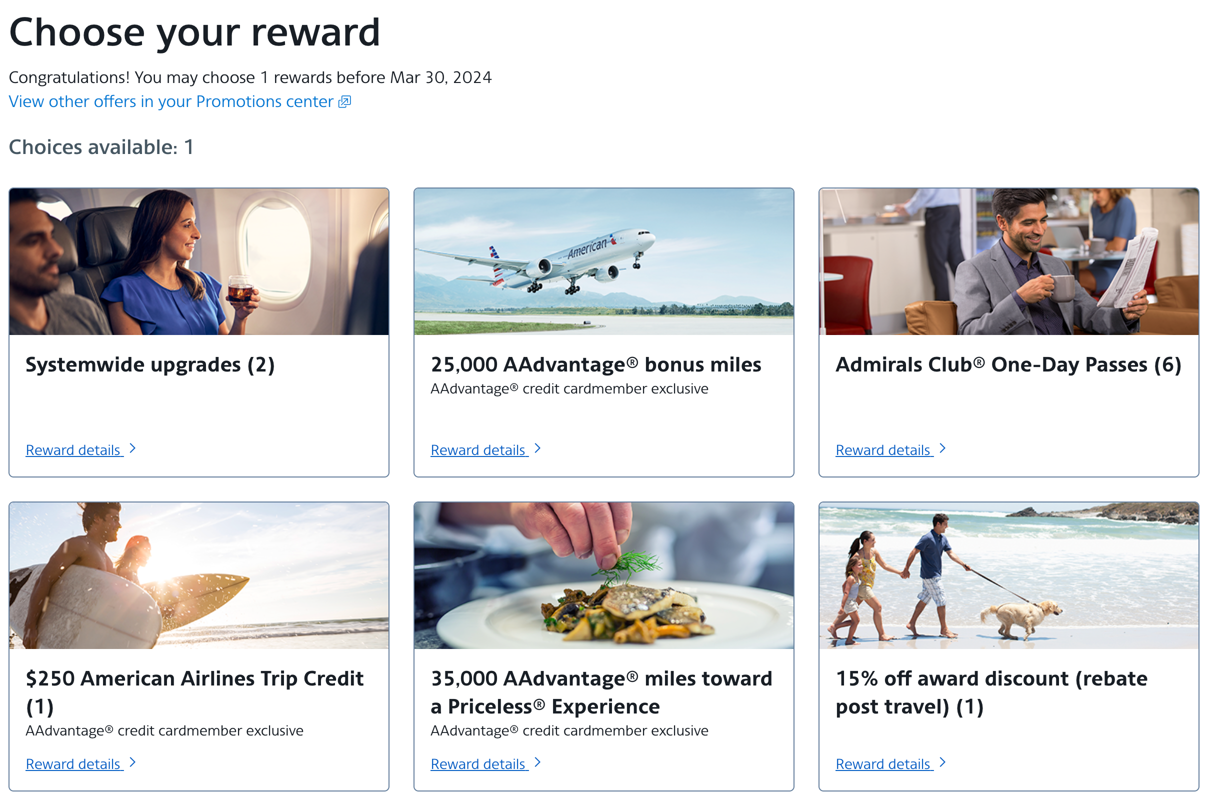 AA Loyalty Point reward choices web page. AA.COM
