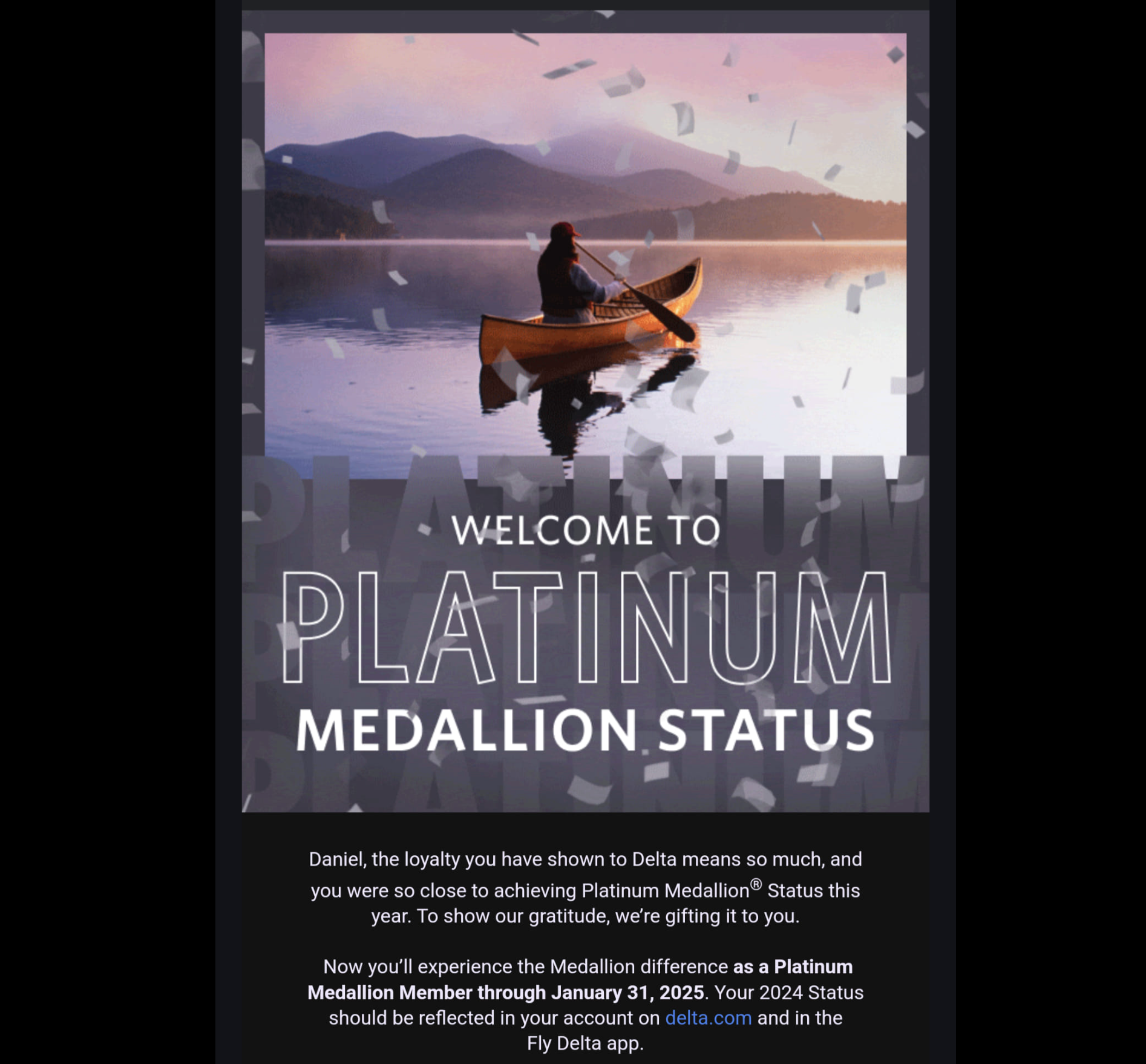 Email notifying customer of upgraded status. DELTA AIR LINES