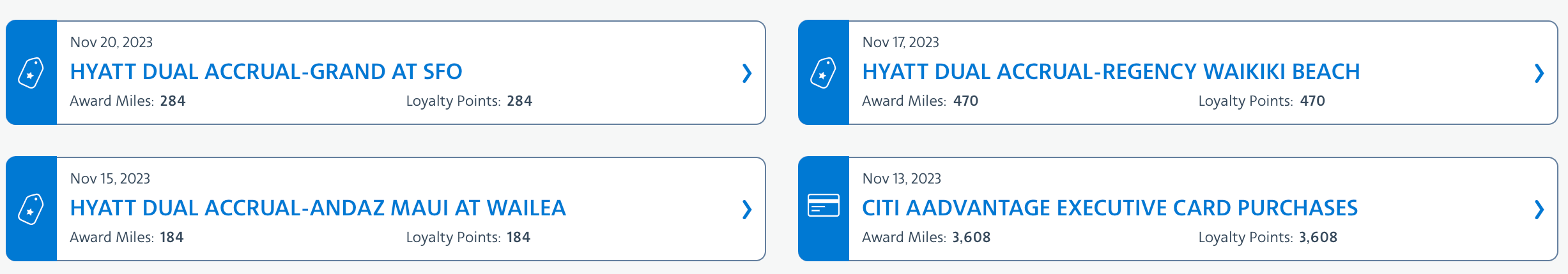 Hyatt dual accrual postings. AA.COM