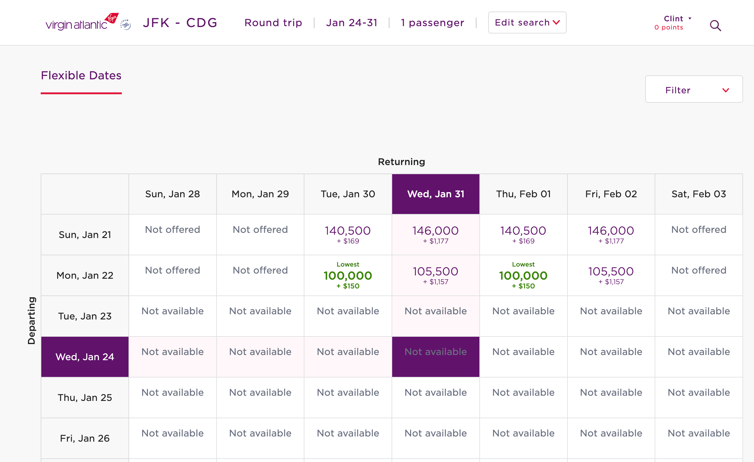 Flexible calendar showing award availability. VIRGIN ATLANTIC
