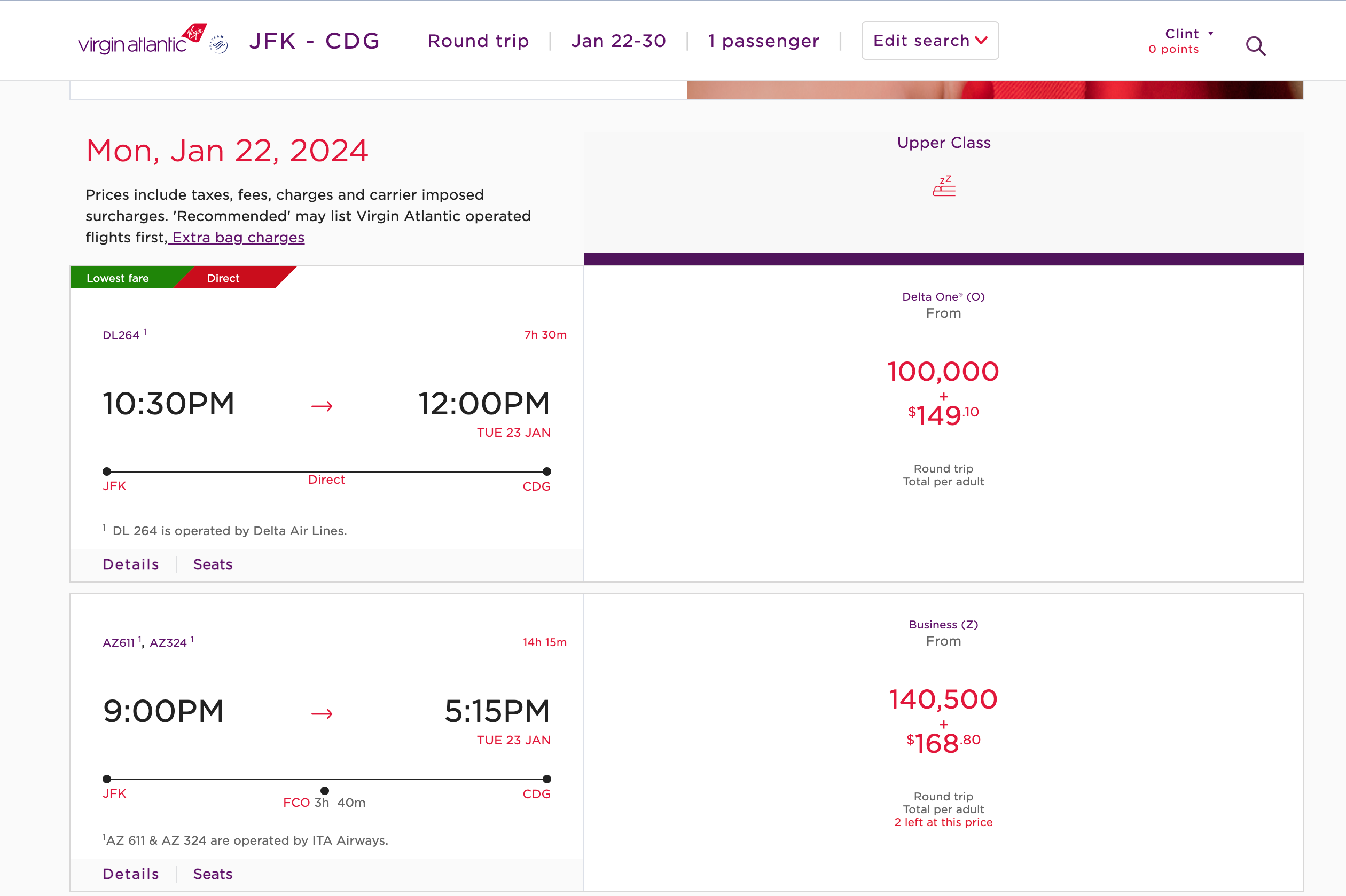 Virgin Atlantic booking with just $149 in taxes and fees.
