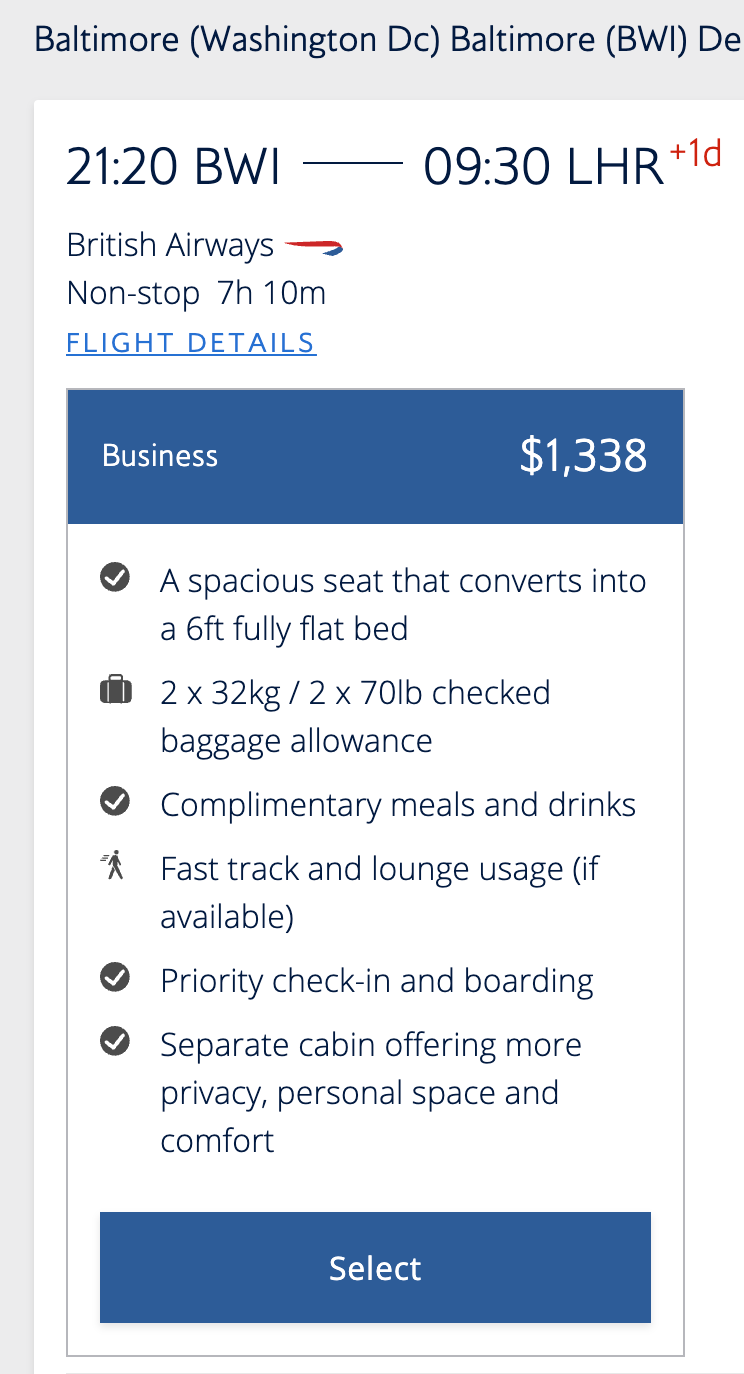 British airways business class offerings