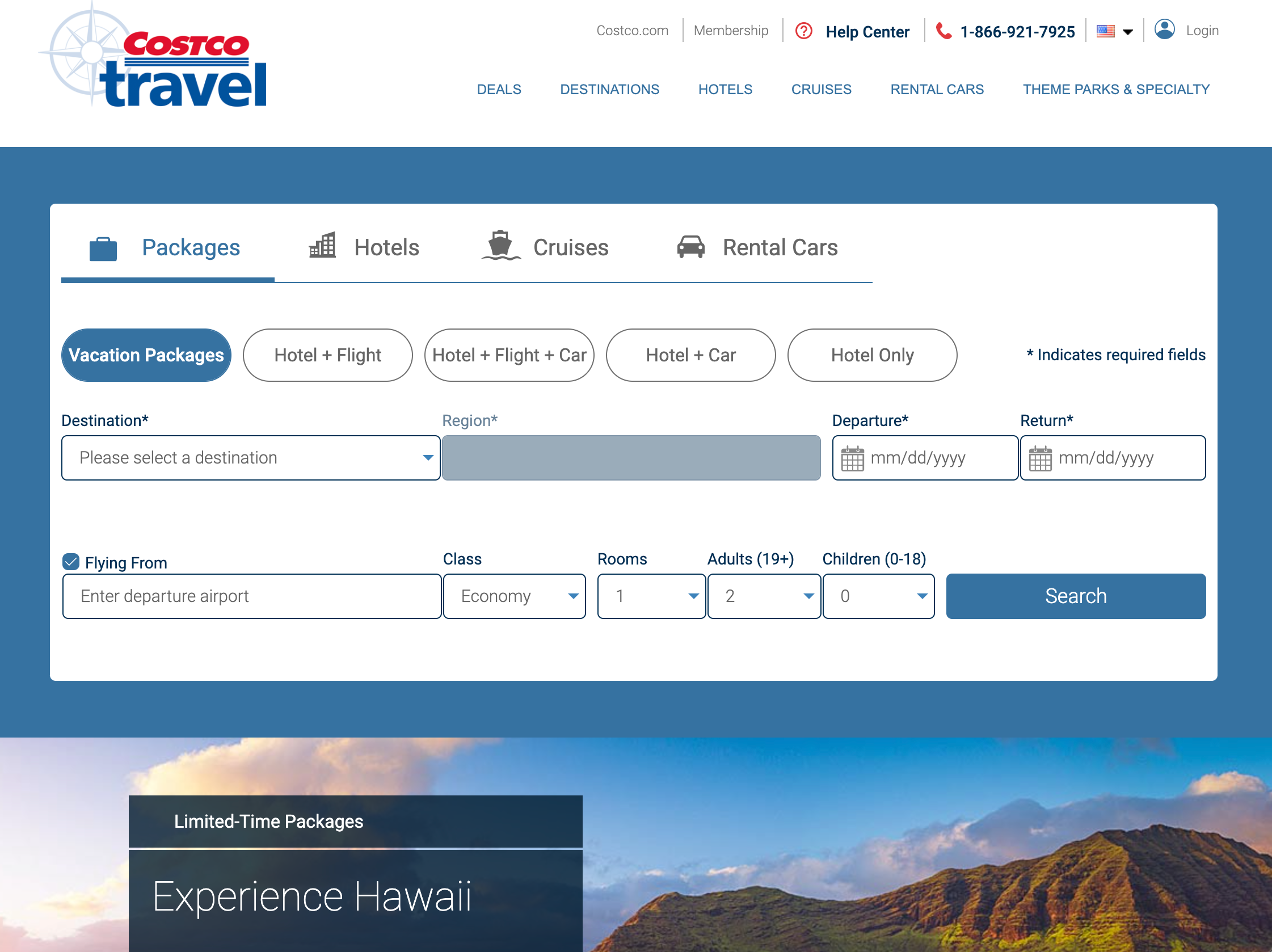 Costco Travel homepage
