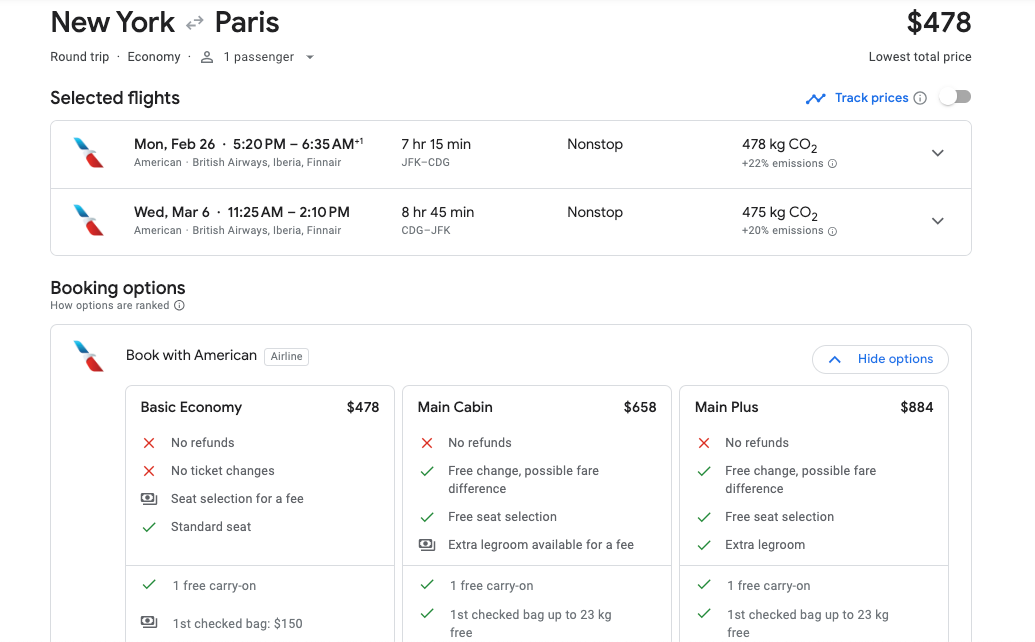 Screenshot of flights from New York City to Paris