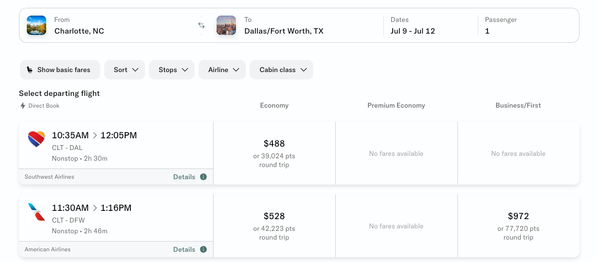 Flight from CLT to DFW on Bilt Travel
