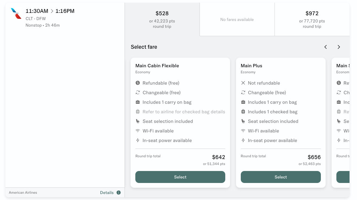 Choosing a flight in Bilt Travel portal