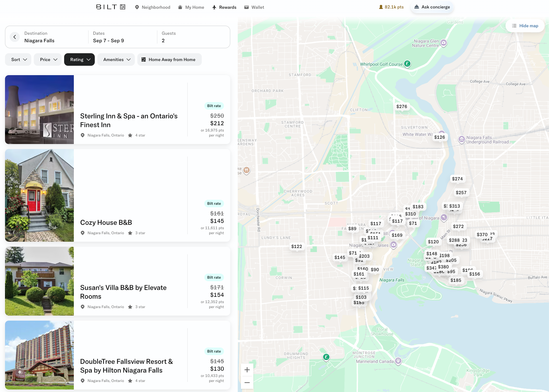 Searching for hotels on Bilt Travel portal