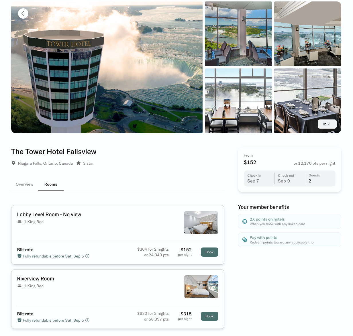 Selecting a room in Bilt Travel portal