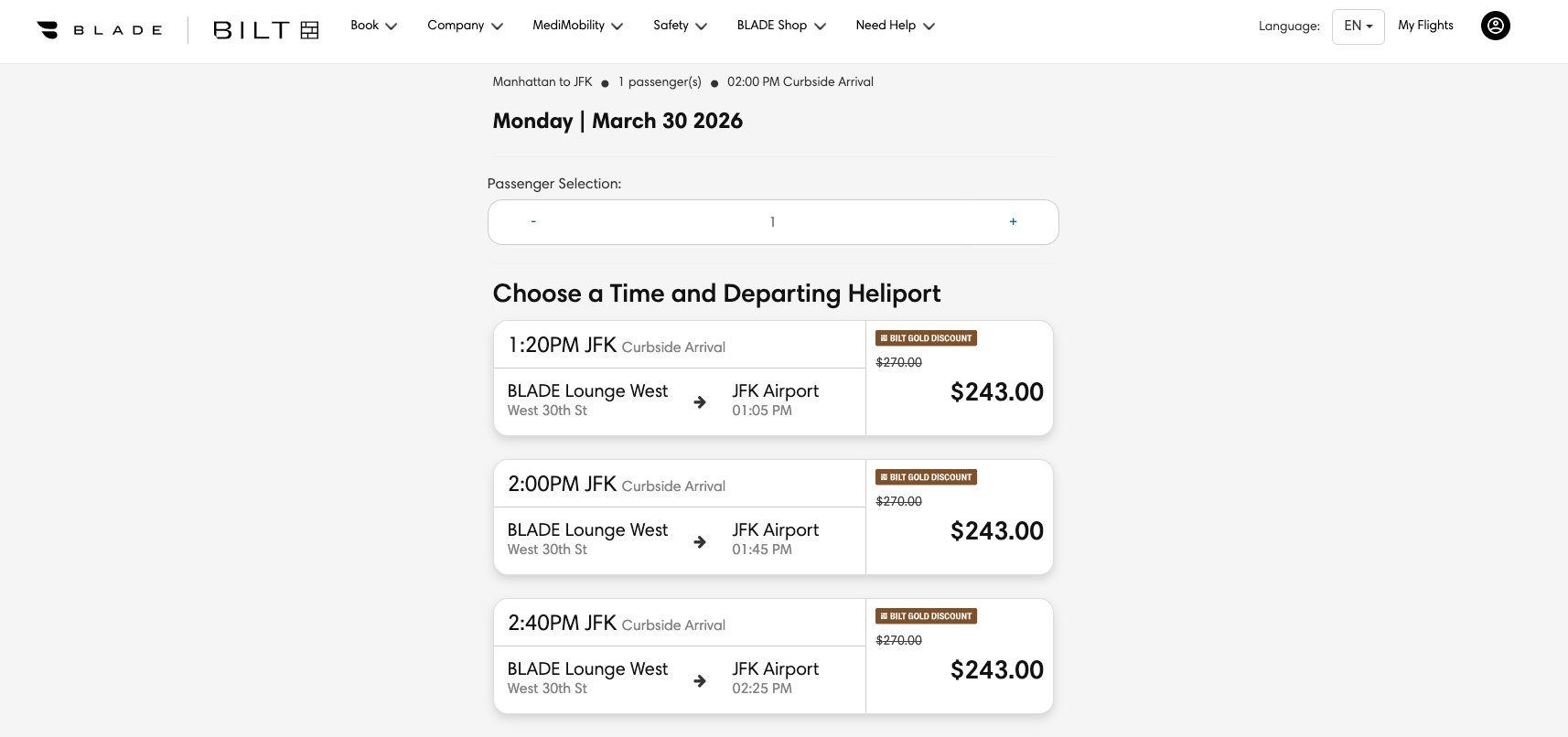 Blade booking through Bilt Travel portal
