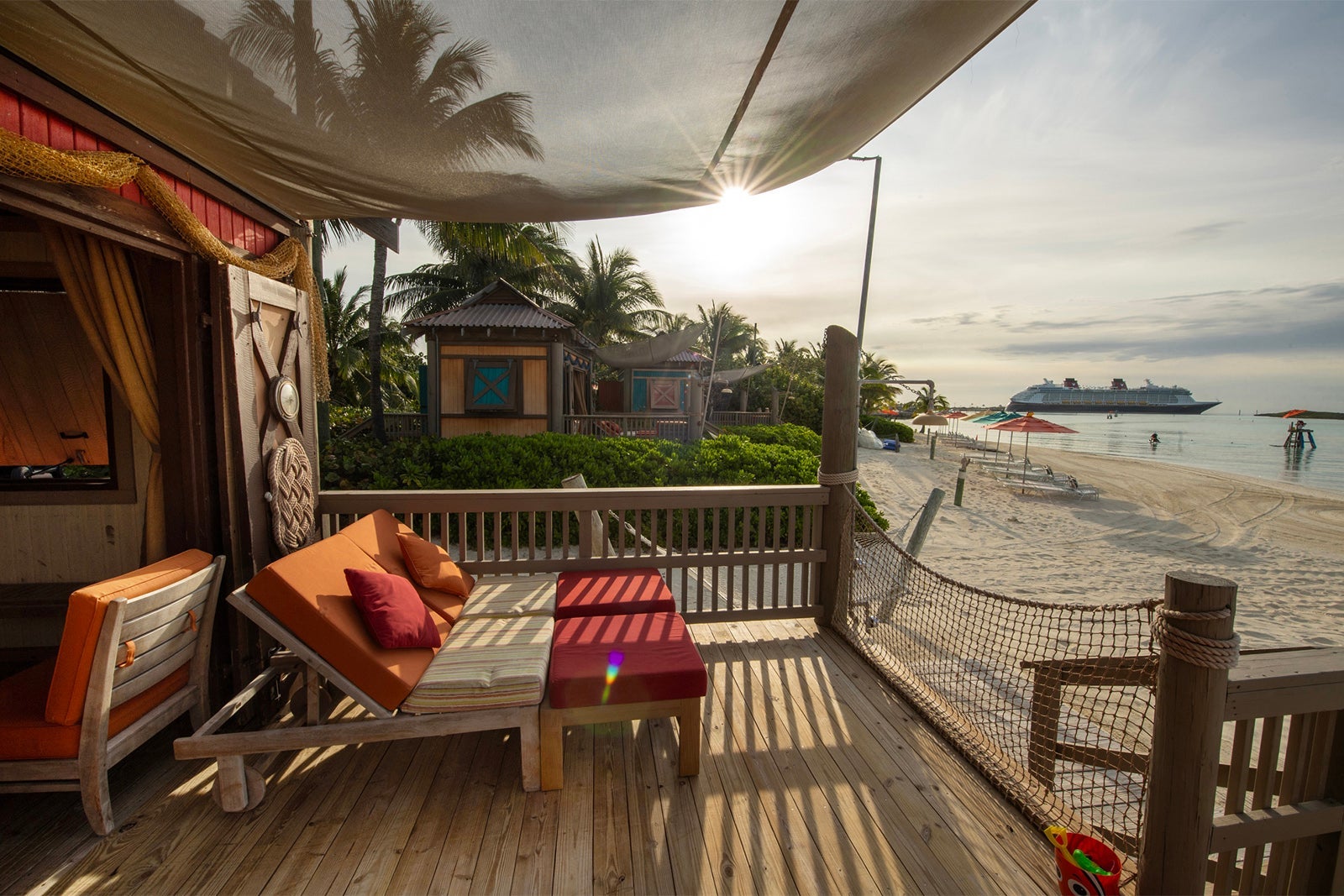 Patio of beach cabana at sunset