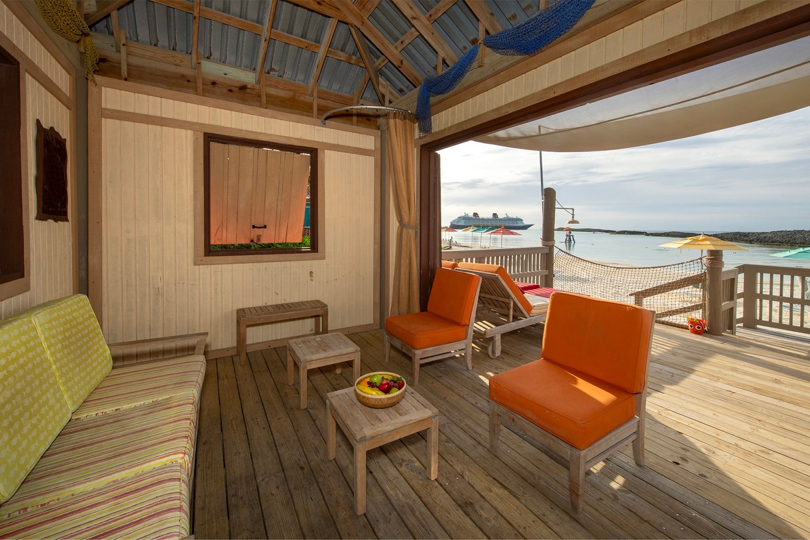 Inside of wooden cabana on Disney's private island