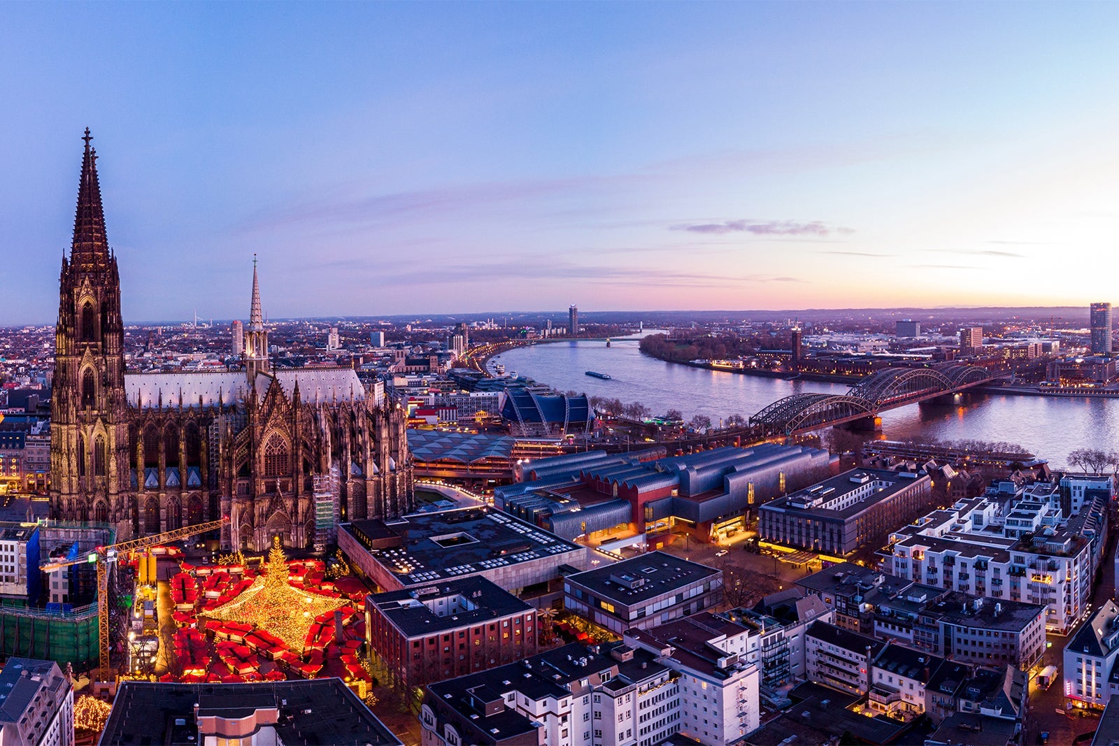 Aerial view of Christmas market in Cologne, Germany.