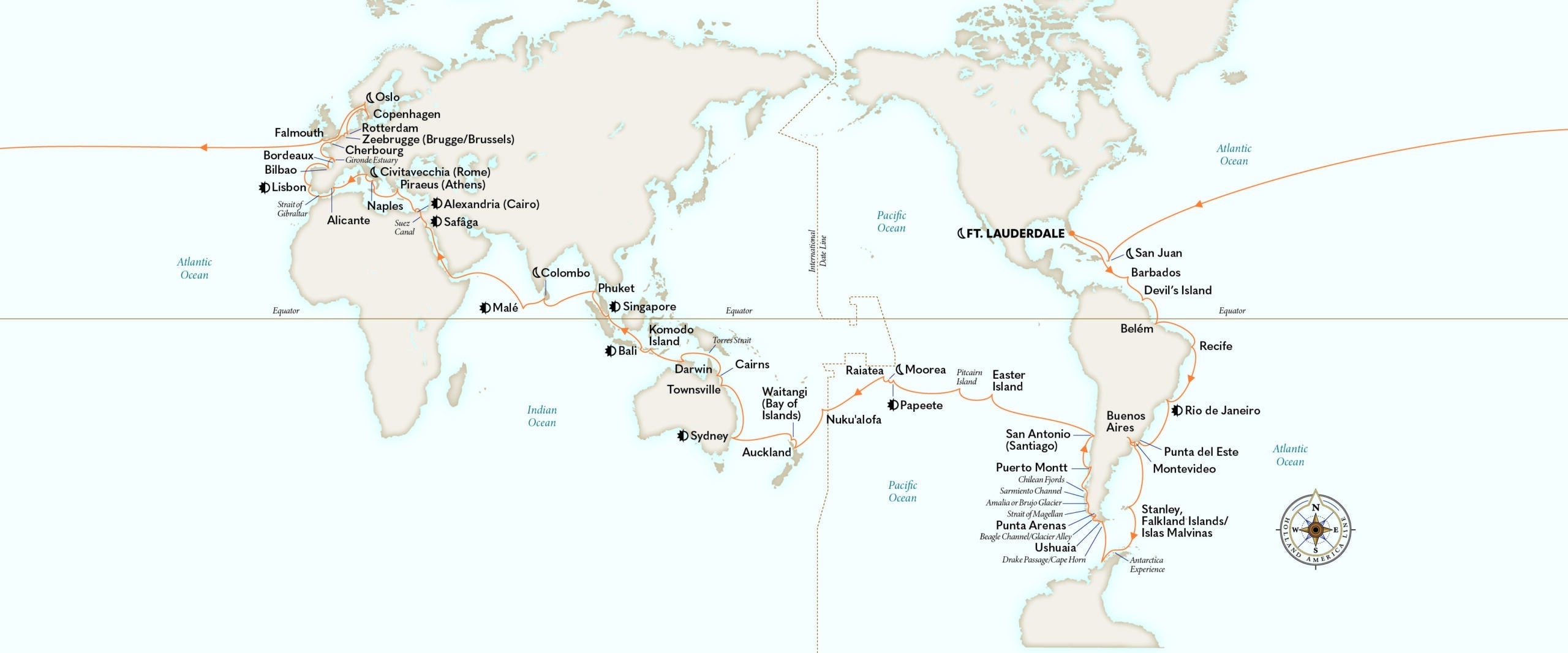 A map of Holland Ameica's world cruise itinerary for 2026