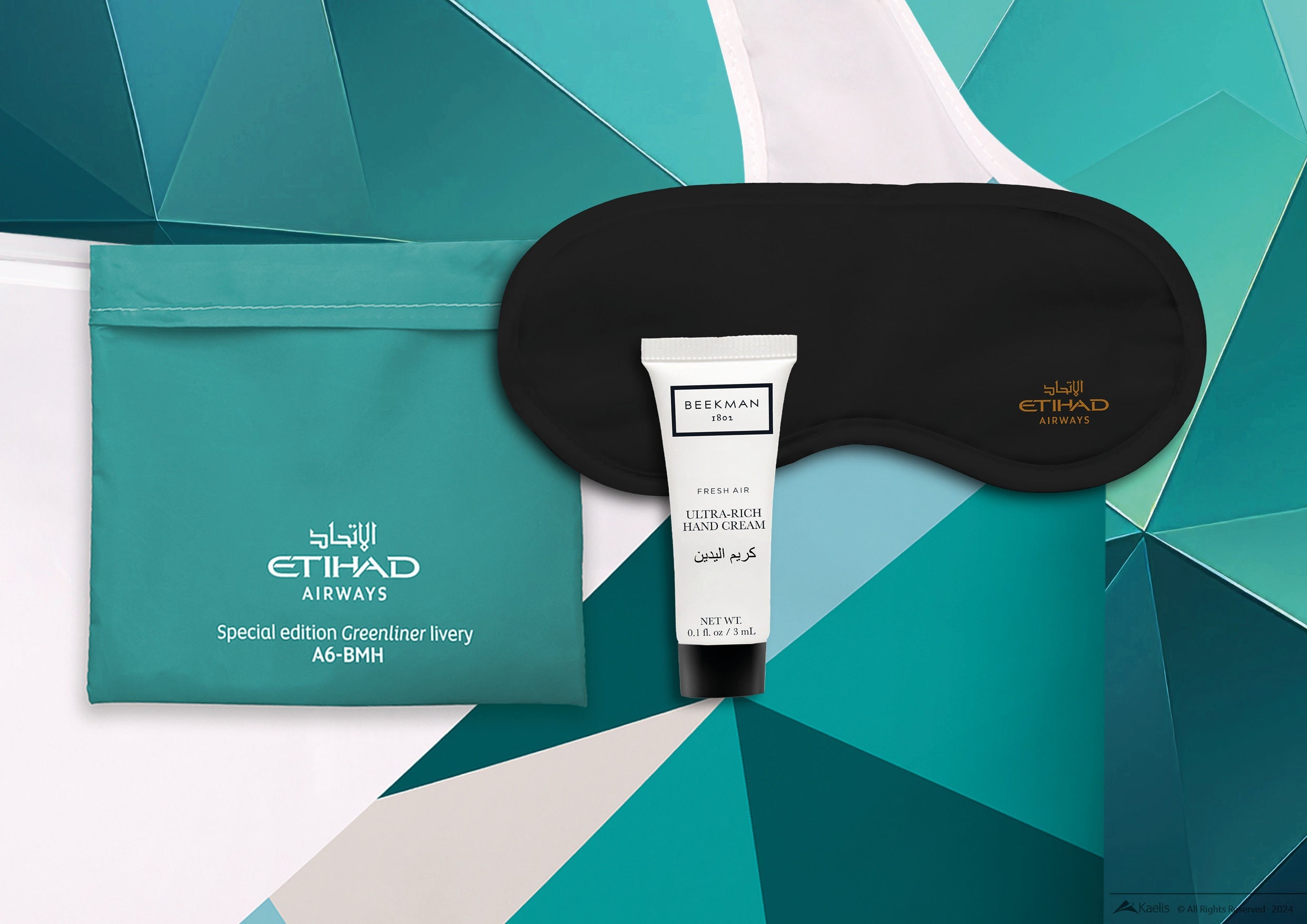 Close-up of Etihad airways economy amenity kit design and contents