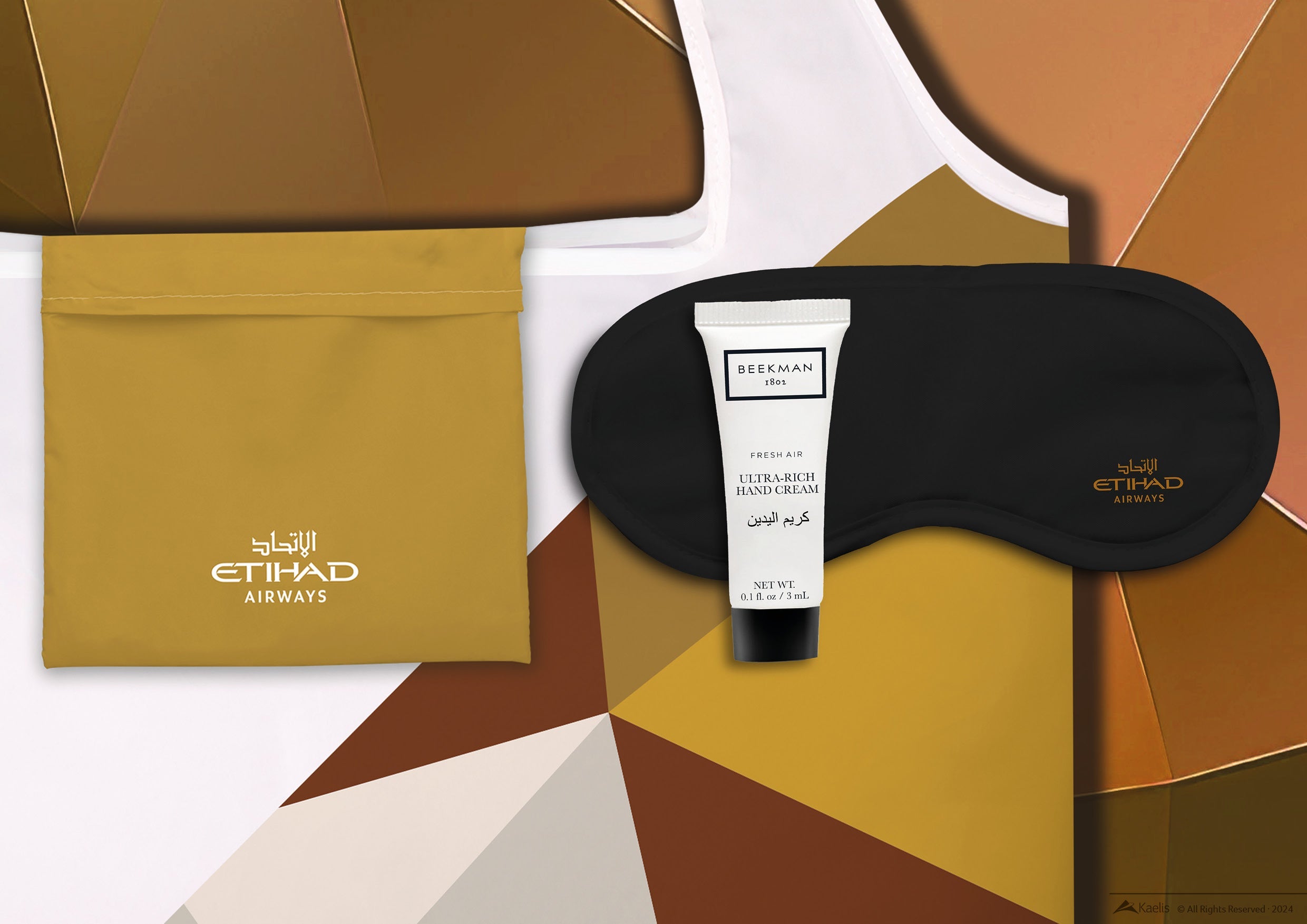 Close-up of Etihad airways economy amenity kit design and contents
