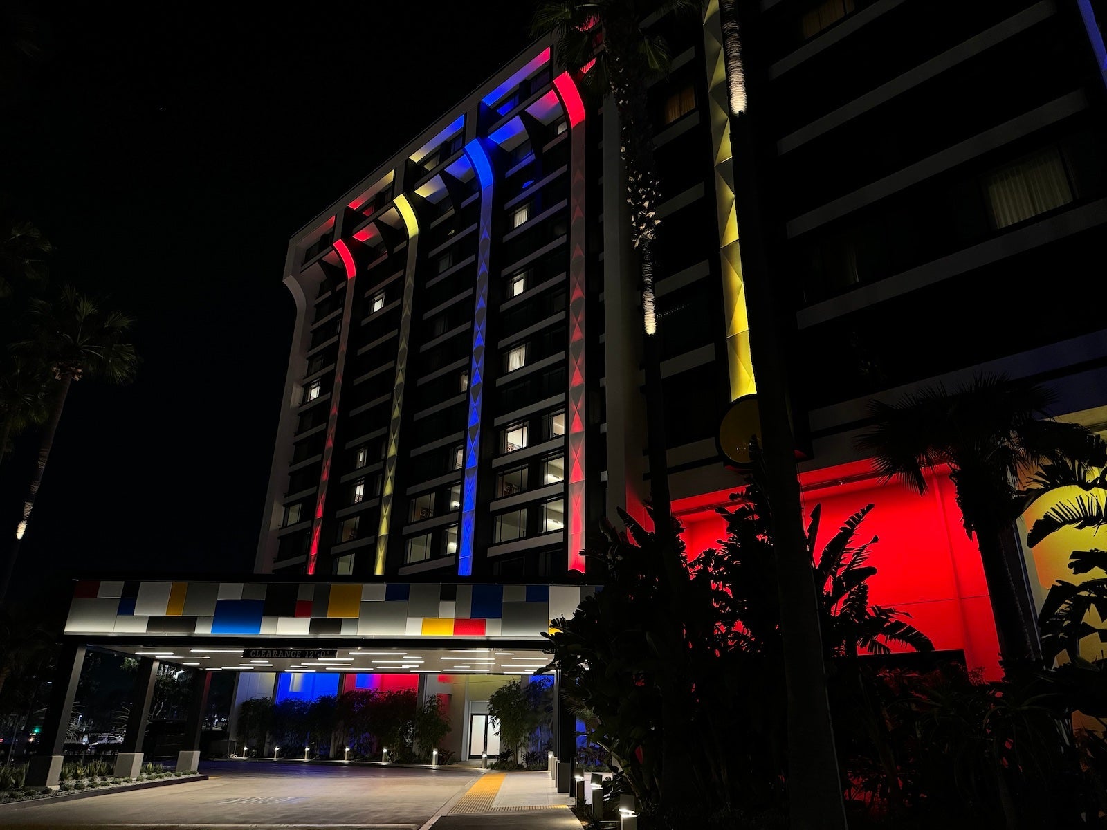 Pixar Place Hotel exterior at night