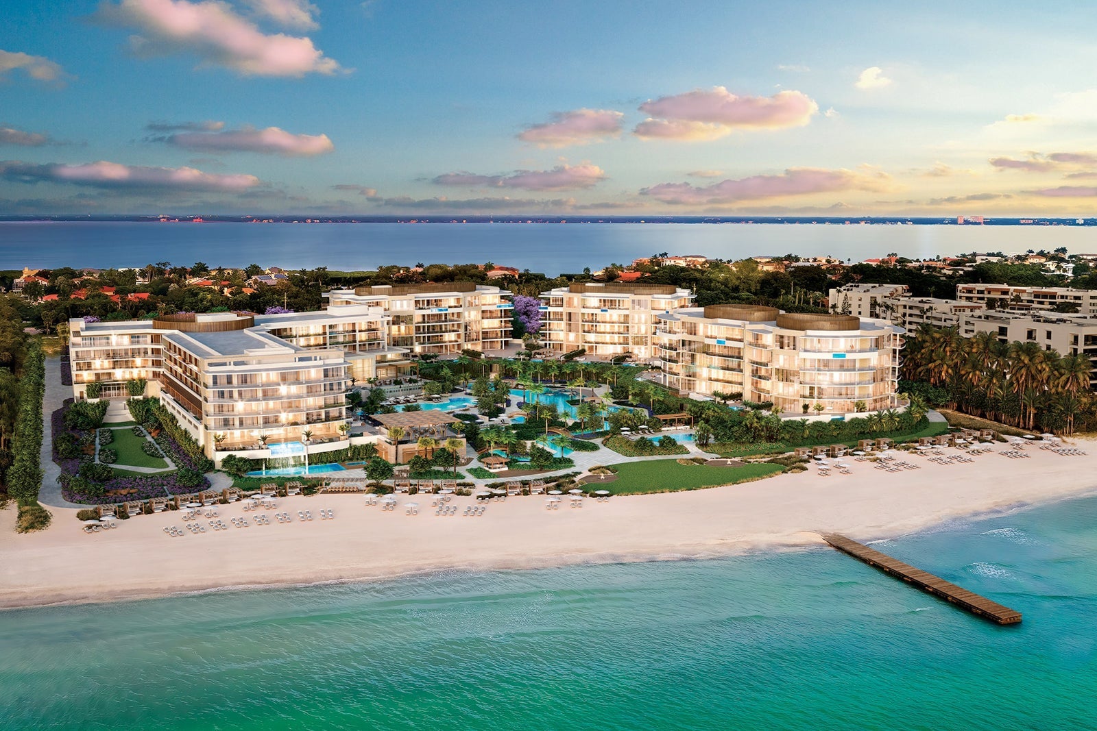 aerial view of beach hotel with pool