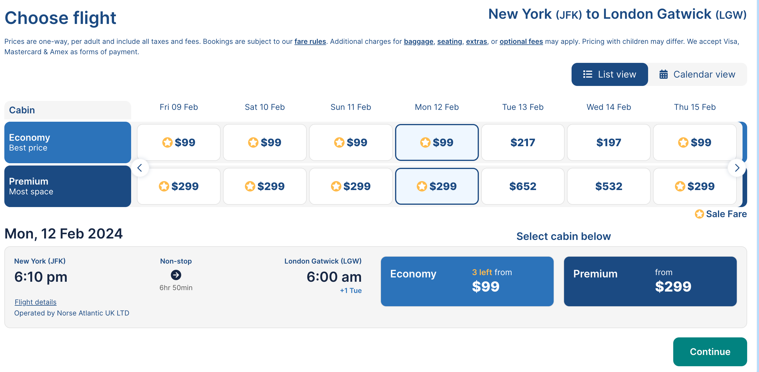 Flight search on Norse Airways