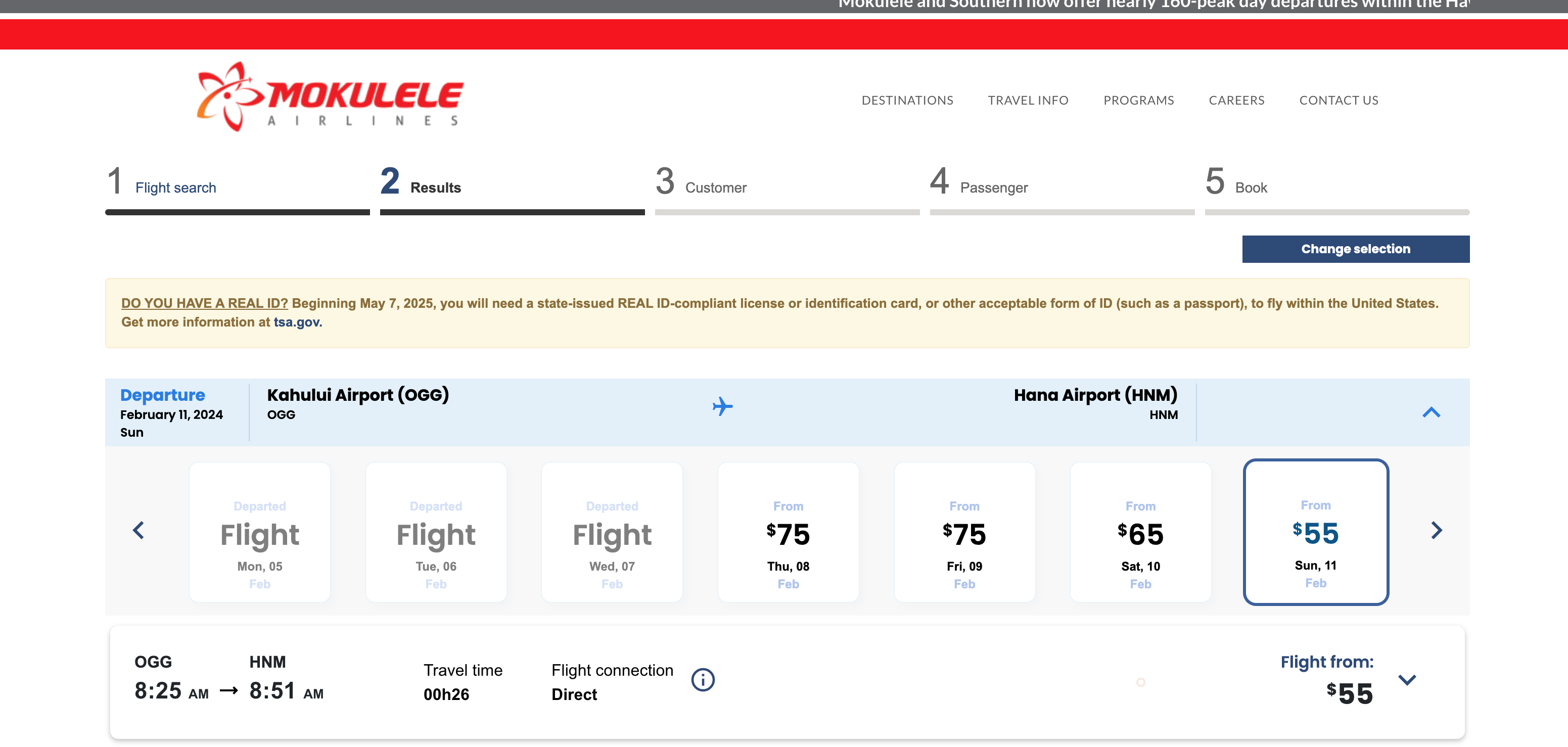 Booking page for Mokulele Airlines.
