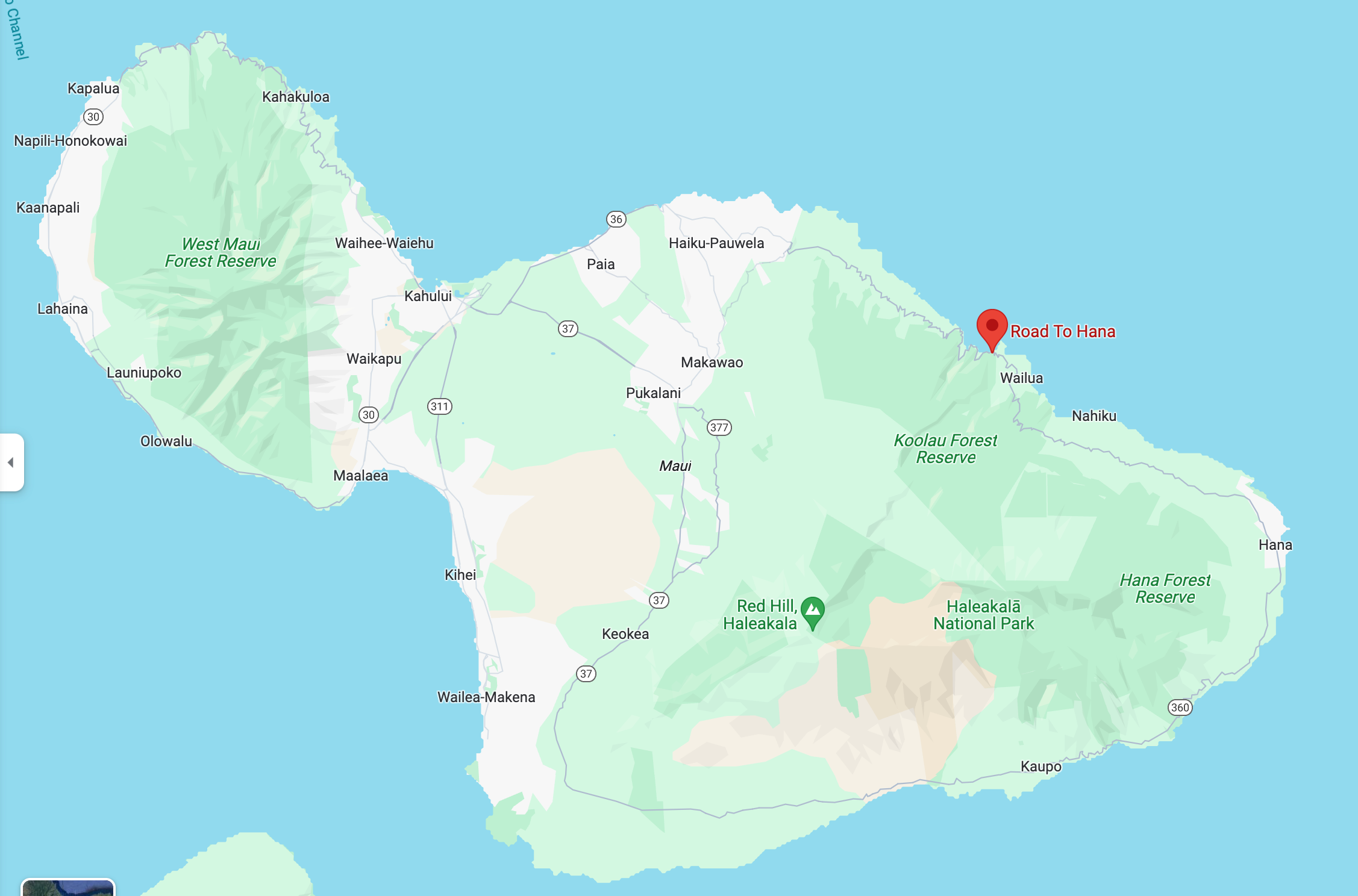 Google map showing island of Maui, Hawaii and locating the Road to Hana.