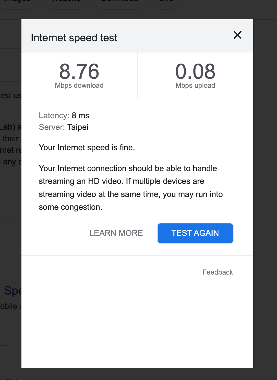 Internet speed test from Google.