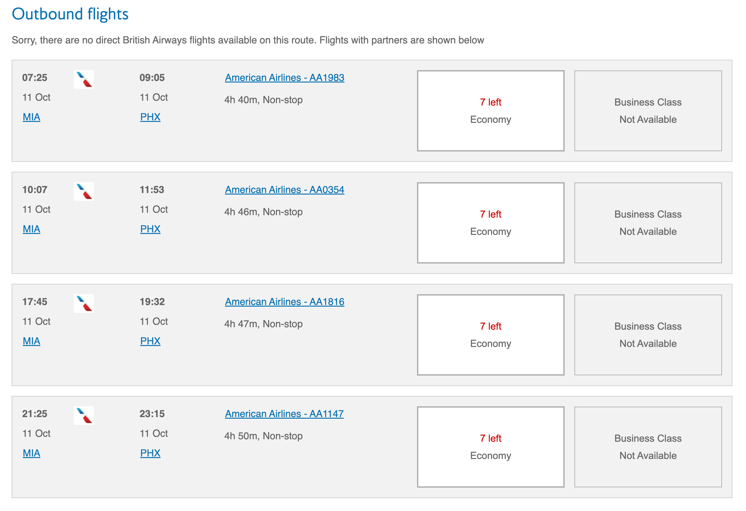 Four nonstop American Airlines flights from Miami to Phoenix bookable using British Airways Avios