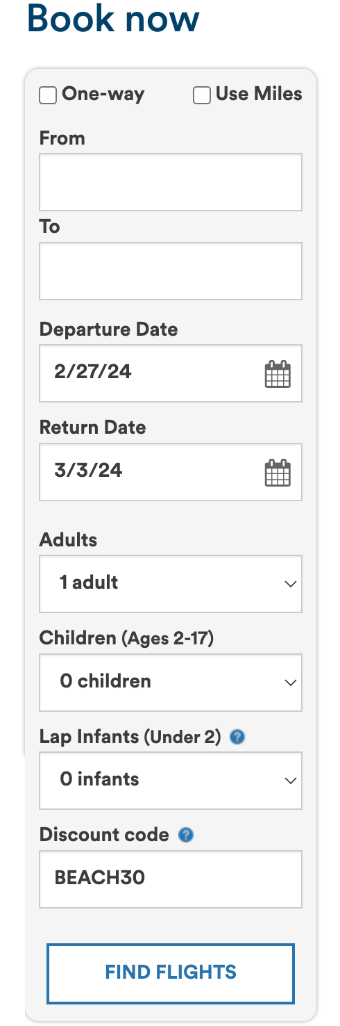 Screenshot of flight search with discount code