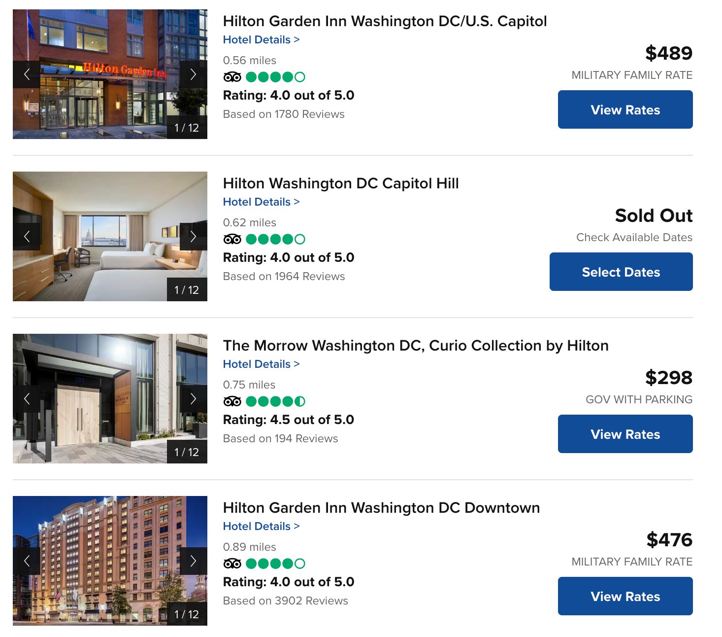 screenshot of Hilton bookings