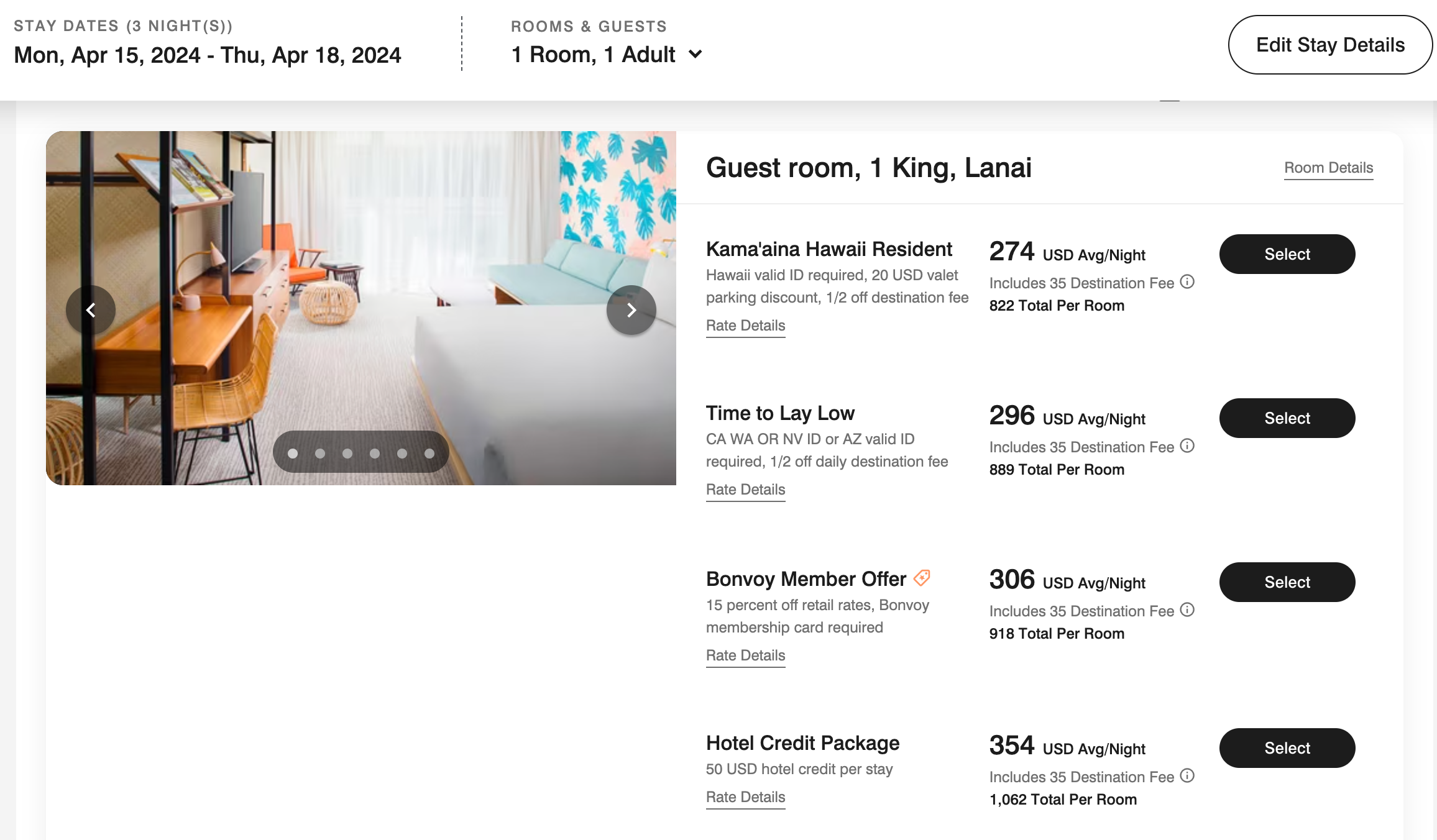 screenshot of marriott booking site