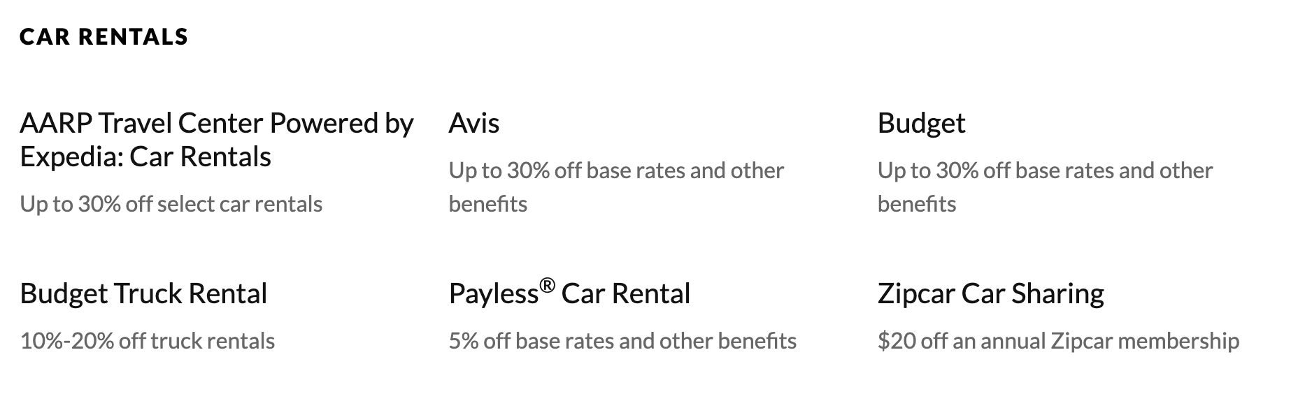 screenshot of car rental discounts