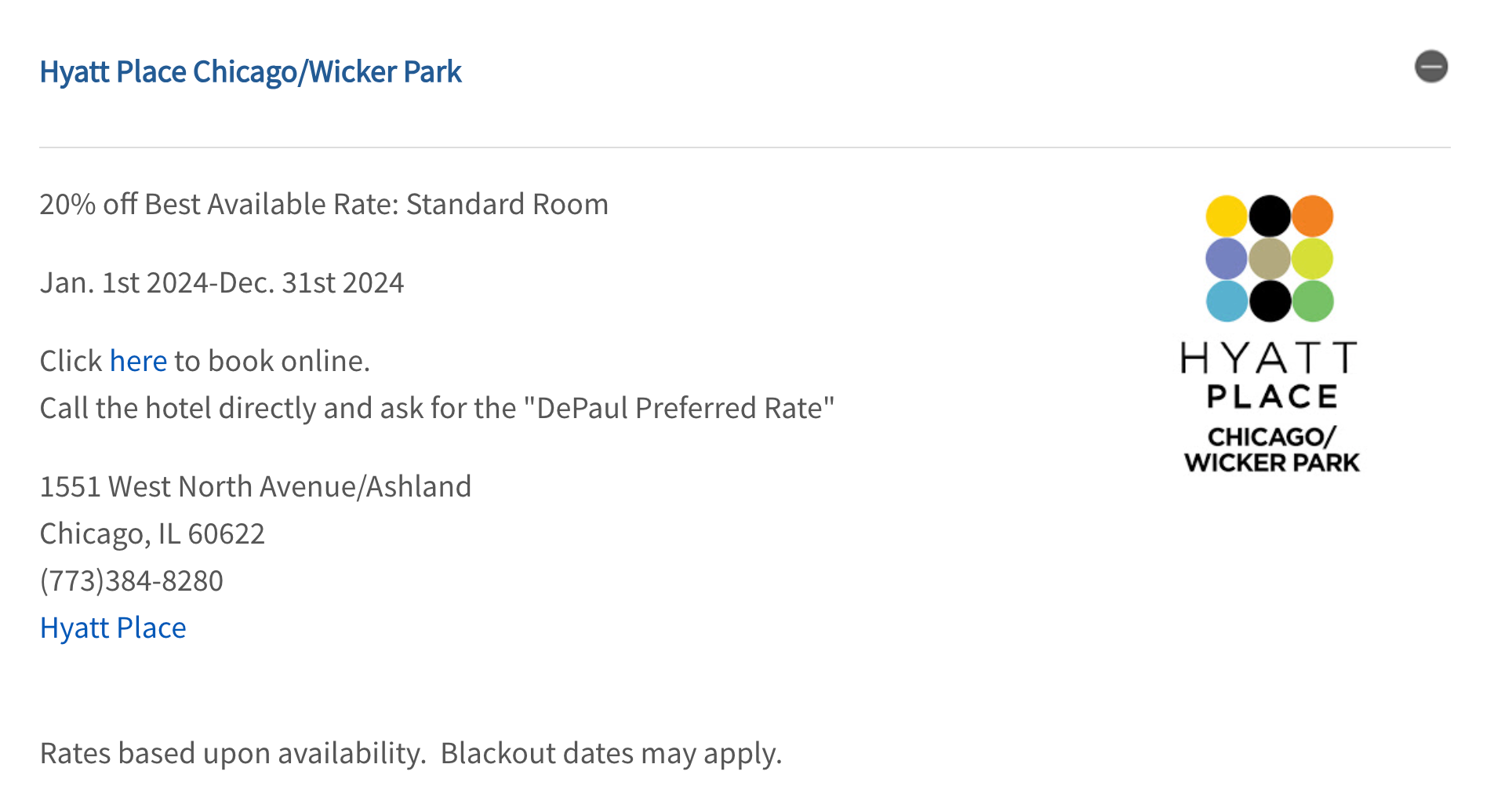 screesnhot of hotel discounts for DePaul alumni