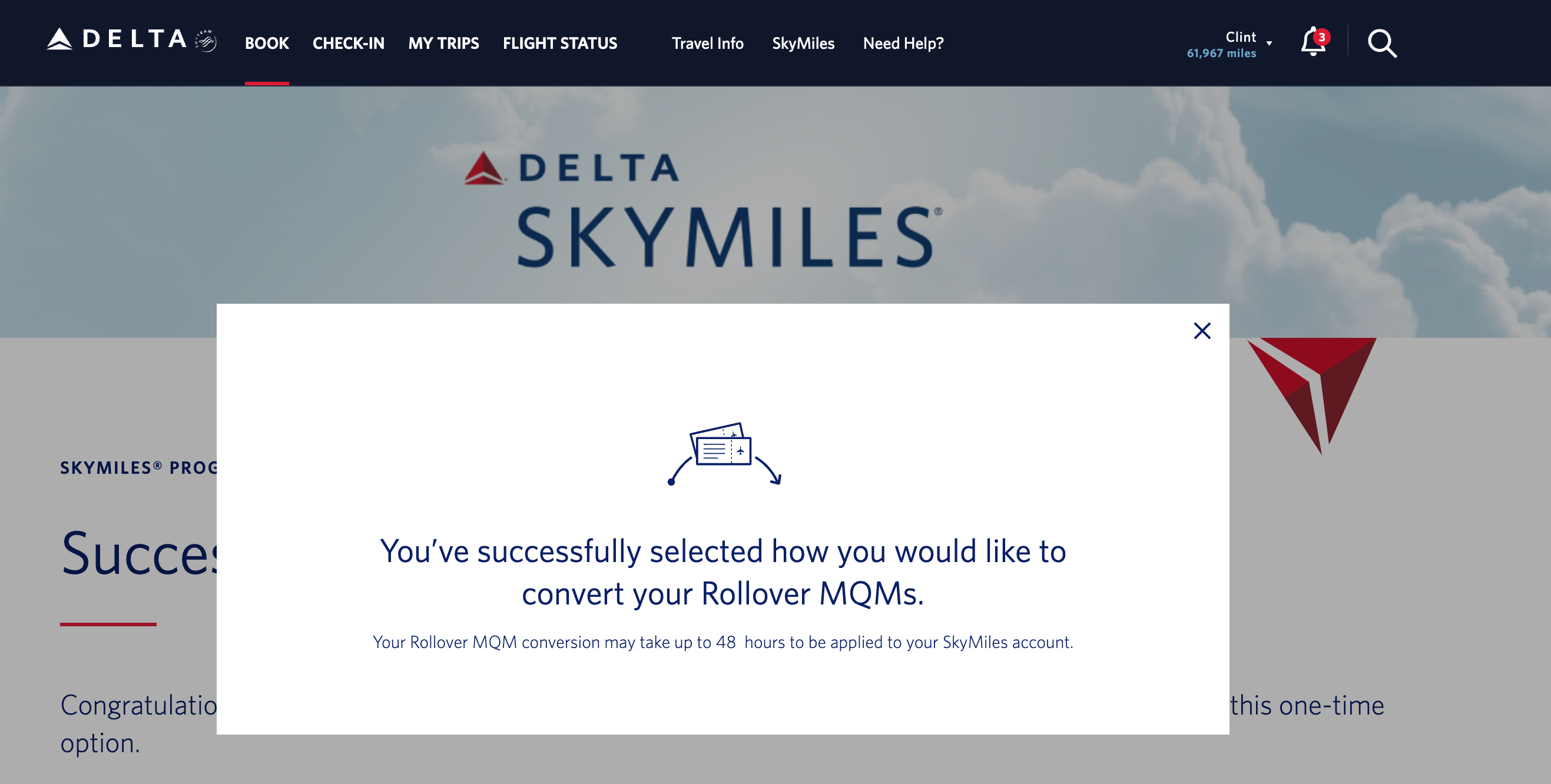 Delta SkyMiles confirmation of successful MQM rollover choices.