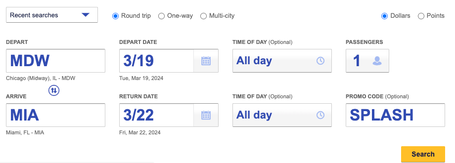 screenshot of Southwest flight MDW-MIA
