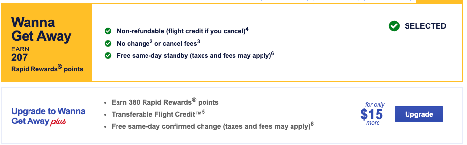 screenshot of SWA Wanna Get Away fare conditions