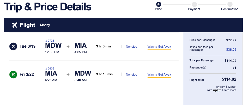 screenshot of Southwest flight MDW-MIA