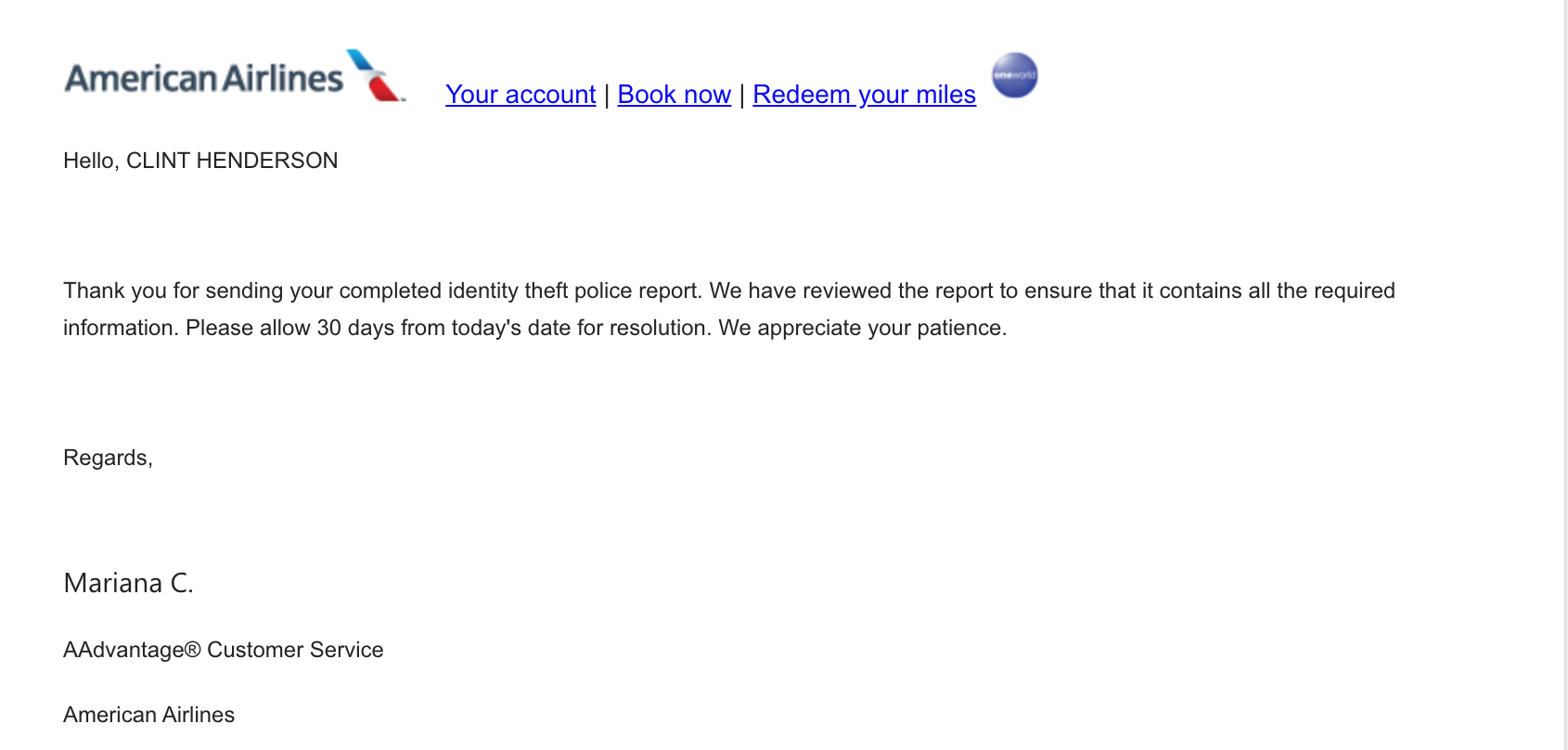Email from American Airlines AAdvantage customer service. AMERICAN AIRLINES