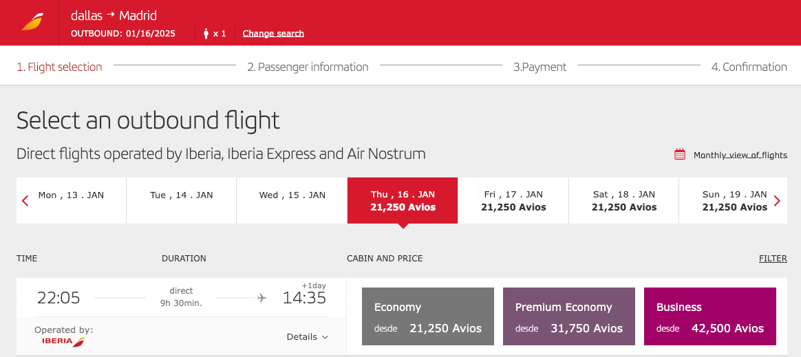 screenshot of Iberia booking DFW-MAD
