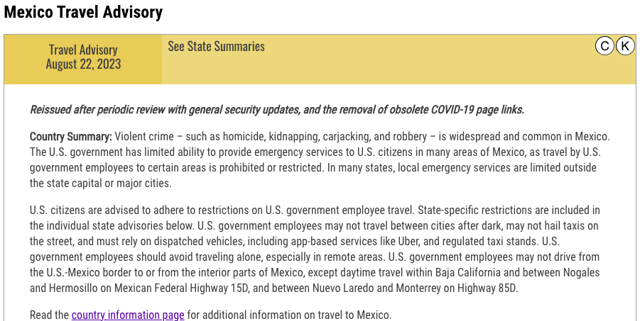 screenshot of Mexico Travel Advisory