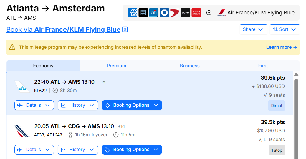 Seats.aero phantom availability note