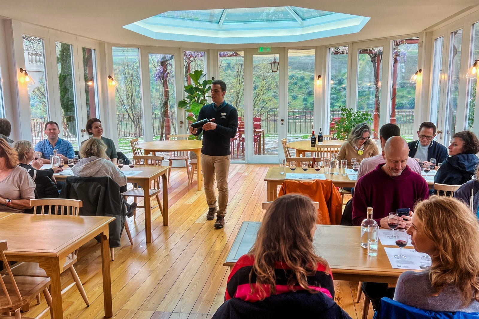 A wine tasting at a vineyard.