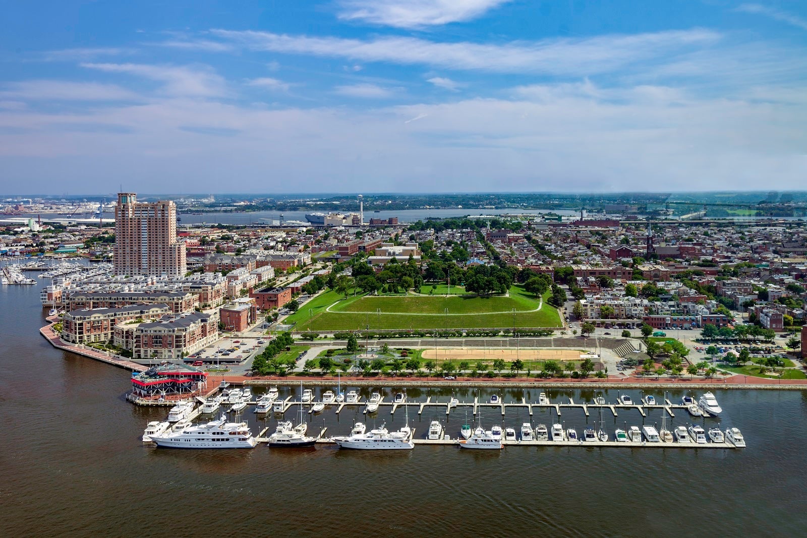 An aerial view of the city of Baltimore and its Inner Harbor