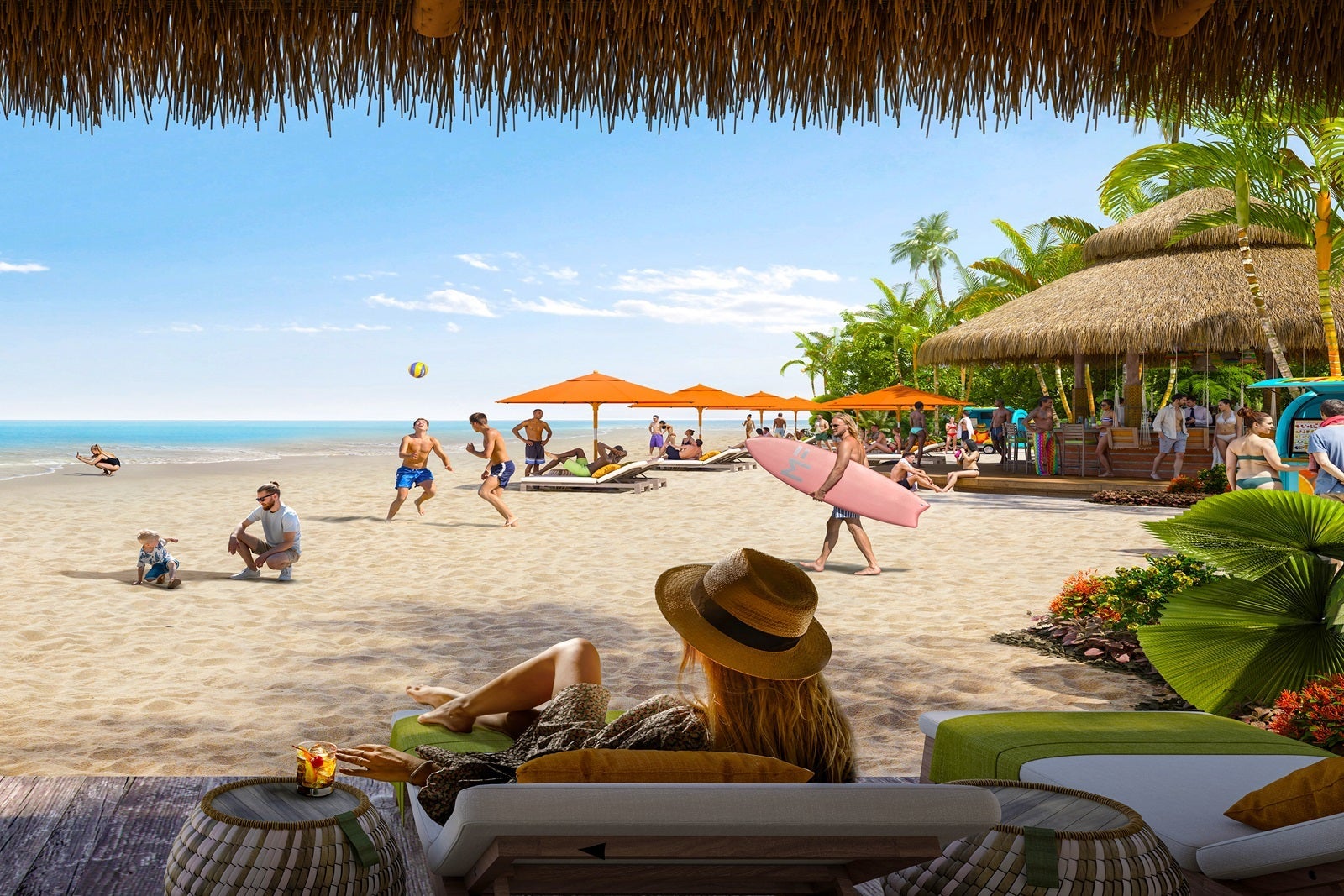 Rendering of the view from inside a beach cabana looking out at the beach with people playing in the sand