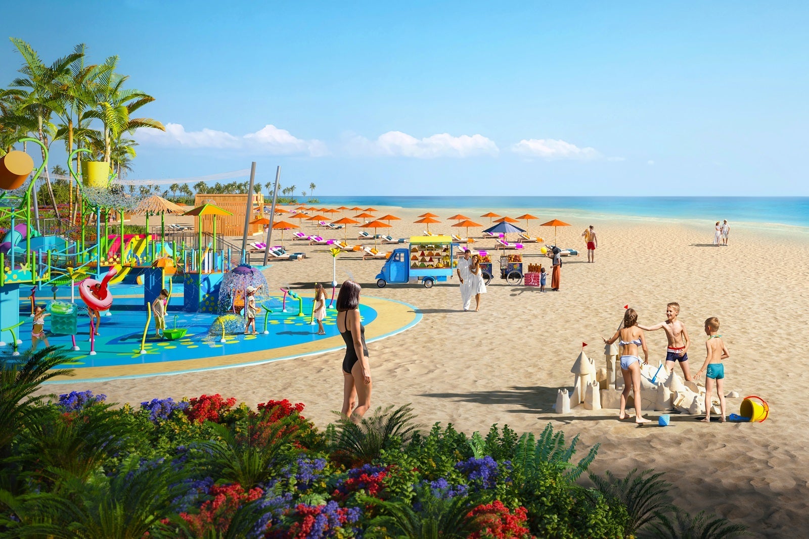 A rendering of people on a sandy beach next to a splash playground area and colorful shrubbery