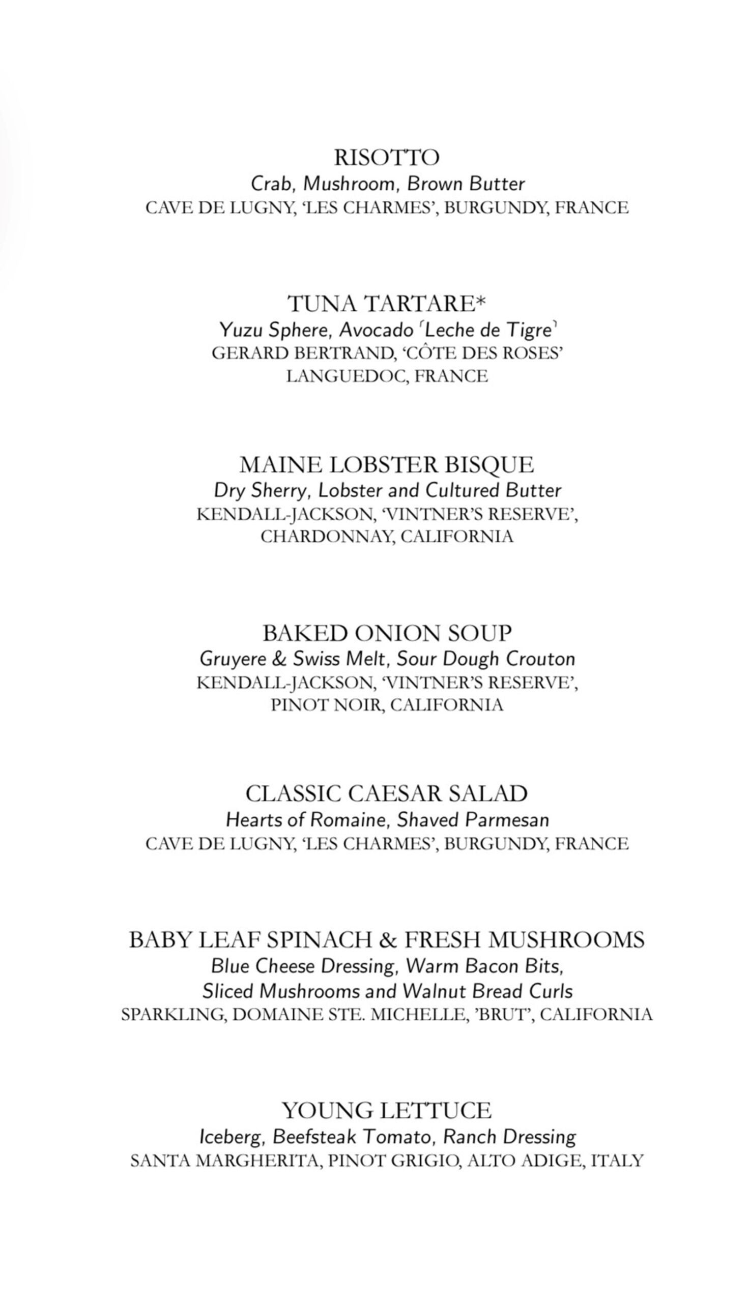 A steakhouse menu listing starters