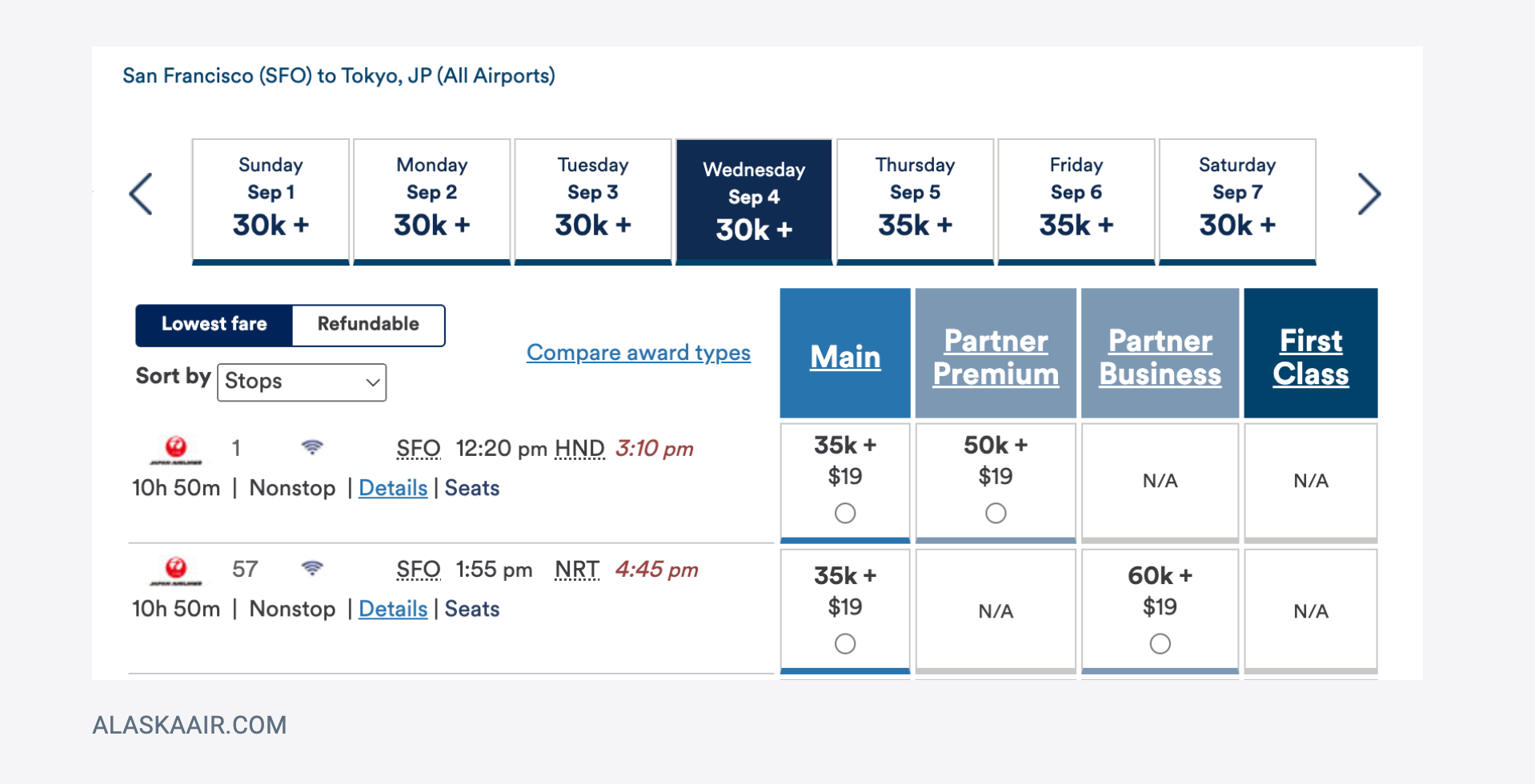 Alaska Mileage Plan award from San Francisco to Tokyo. ALASKA