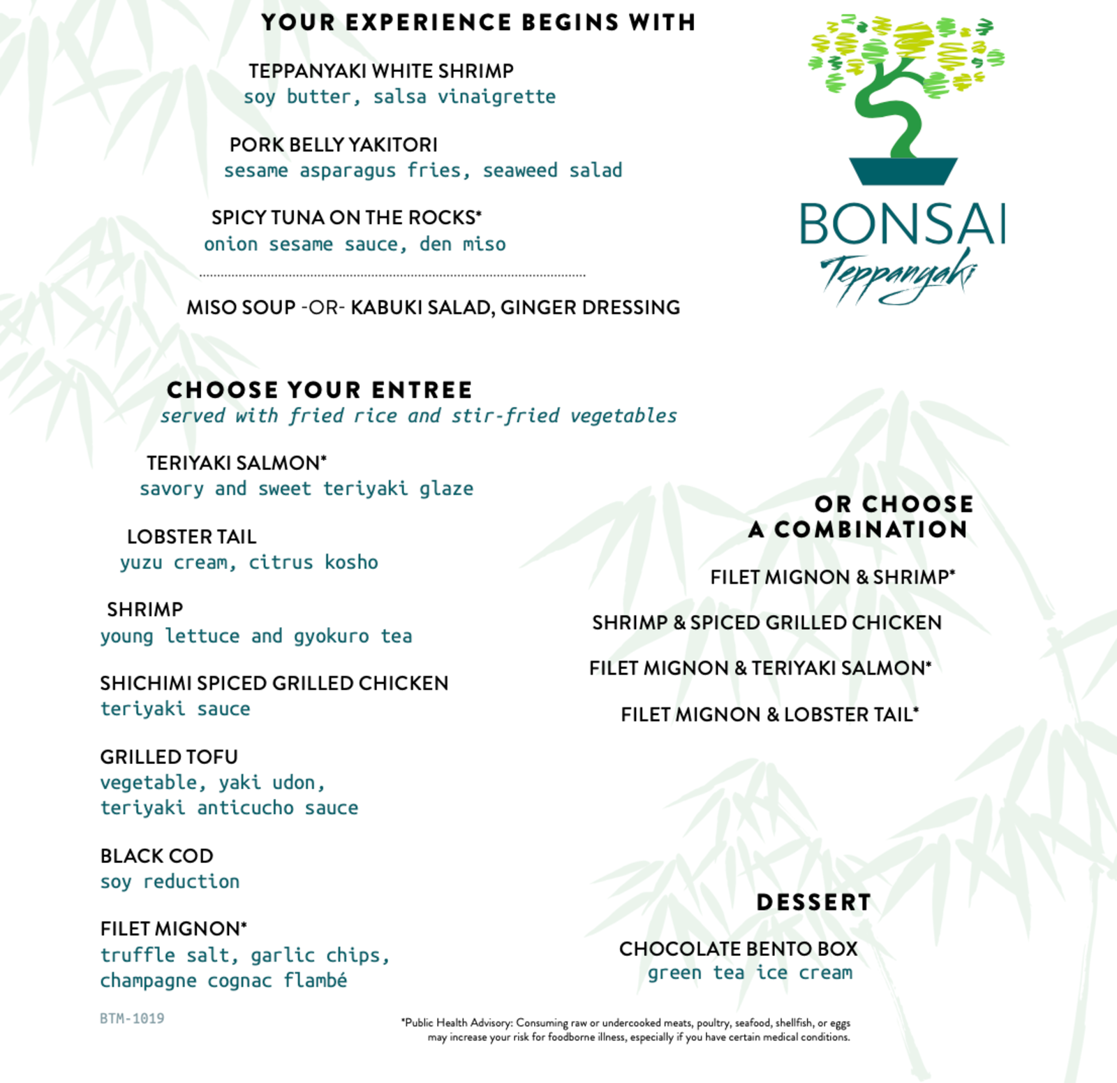 Bonsai Teppenyaki menu on Carnival