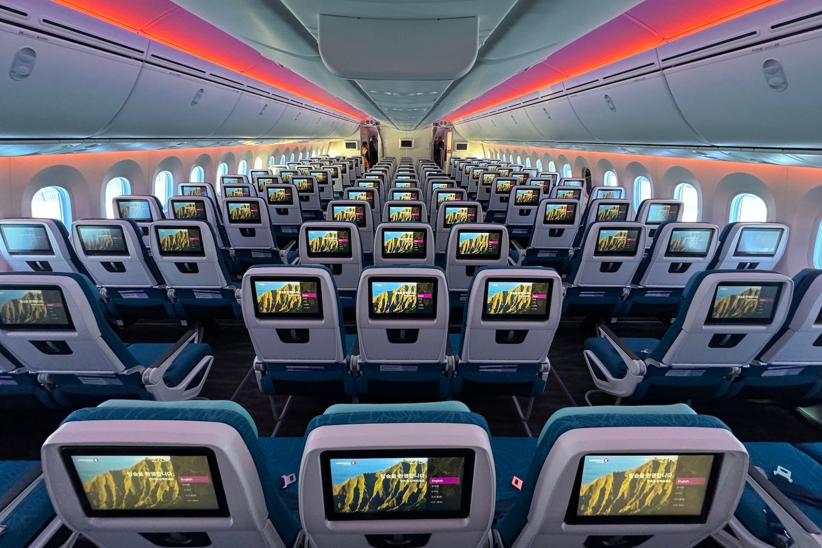 The main cabin of a Hawaiian Airlines Boeing plane