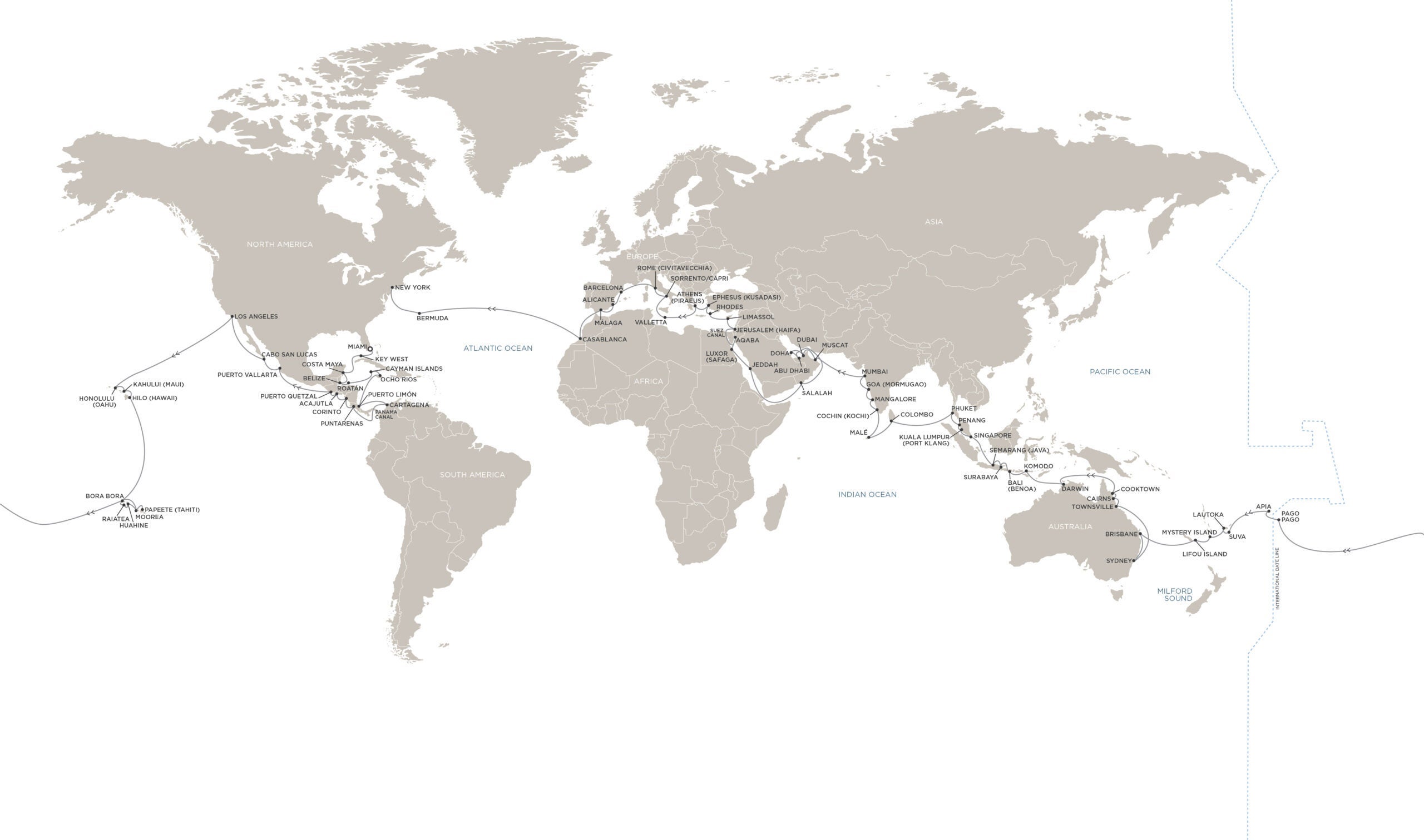 Map of Regent world cruise route for 2027