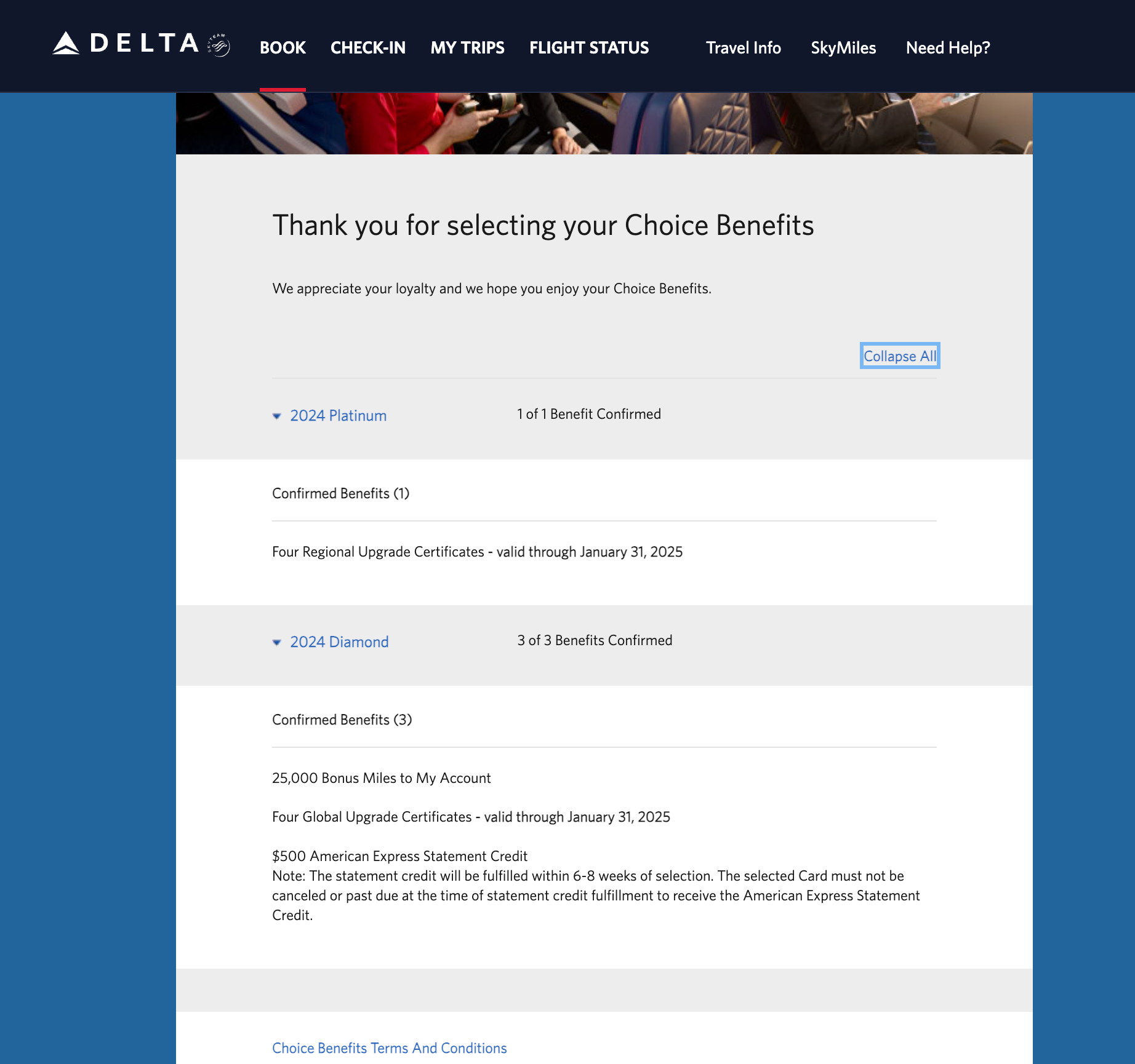 Delta Choice Benefits selection page.